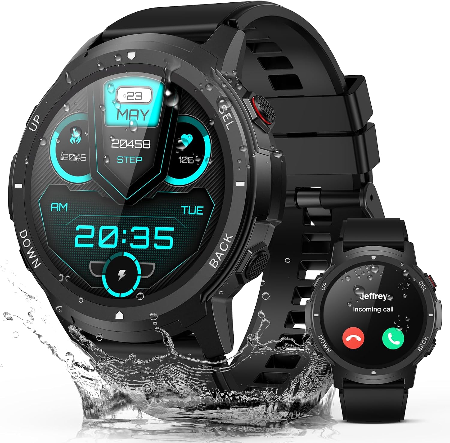 Smart Watch for Men, Work Fitness Watch with Step Tracker, IP68 Waterproof, Bluetooth Call for Android iOS, 24/7 Sleep Monitor, 110 Sports Modes (Casual, Black, 1.39)