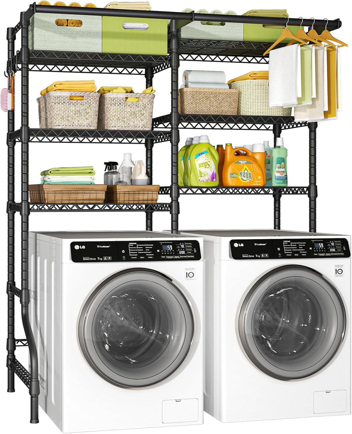 Ulif U13 Medium Over Washer and Dryer Storage Shelves, 6 Tiers Laundry Room Standing Shelf with 2 Hanger Rods, Space Saver Clothes Drying Rack, 57.8″ W x 22″ D x 77.4″ H, Black
