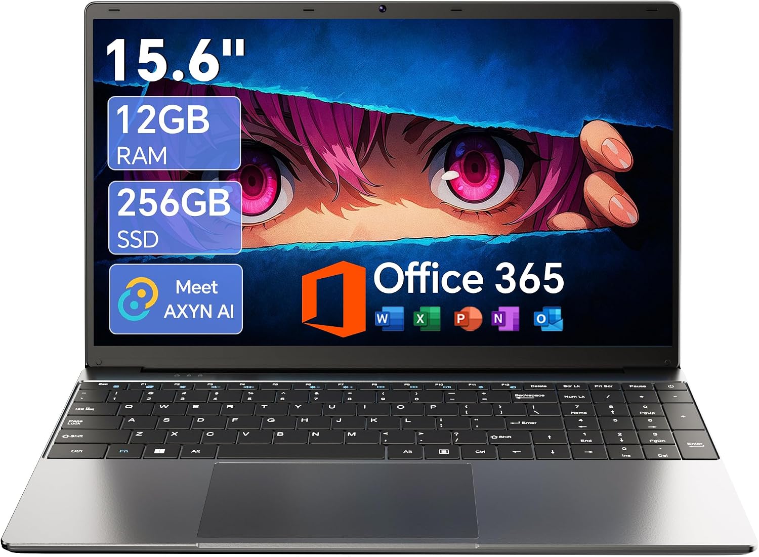 15.6 Inch Laptop with AI, Office 365, 12GB RAM 256GB SSD, Quad-Core Processor, Win 11 Home Laptops Computer, IPS FHD, 180°Viewing, Type-C, WiFi 5, BT4.2, Portable Thin Laptops – Gray