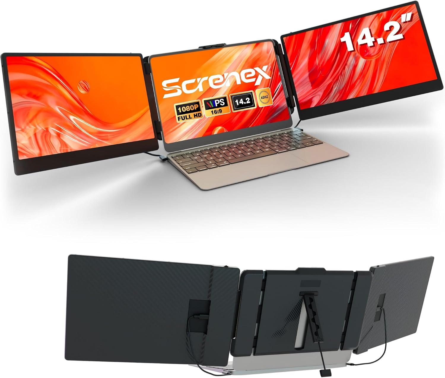Laptop Screen Extender Triple Monitor, 14.2″ Portable Multi Monitor FHD 1080P IPS Ultra-Thin, HDMI/USB-A/Type-C & Plug & Play, Fits 13-17″ Laptops, Compatible with Windows/macOS/Android/Switch