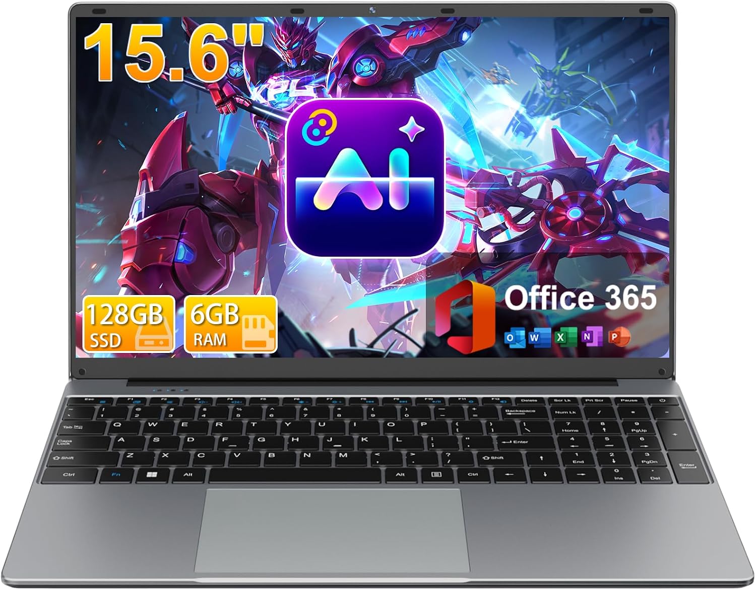 15.6″ FHD Laptops with AI Assistant Included, Quad-Core Processor(Beat Celeron 5205U), 1 Year Office 365, 6GB RAM 128GB SSD, 180°Viewing, USB-C, 1920×1080, 53.2Wh, for Business and Student
