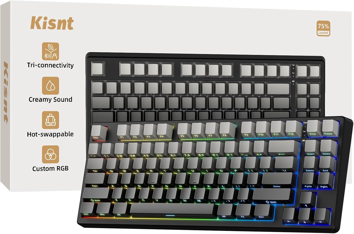 Kisnt KN85 Wireless Mechanical Keyboard, 75% Layout with Side Printed PBT Keycaps, Bluetooth/2.4GHz/USB-C, Custom RGB Backlit, Hot-Swappable Linear Switch,Creamy Sound for Gaming/Typing(Gradient Gray)