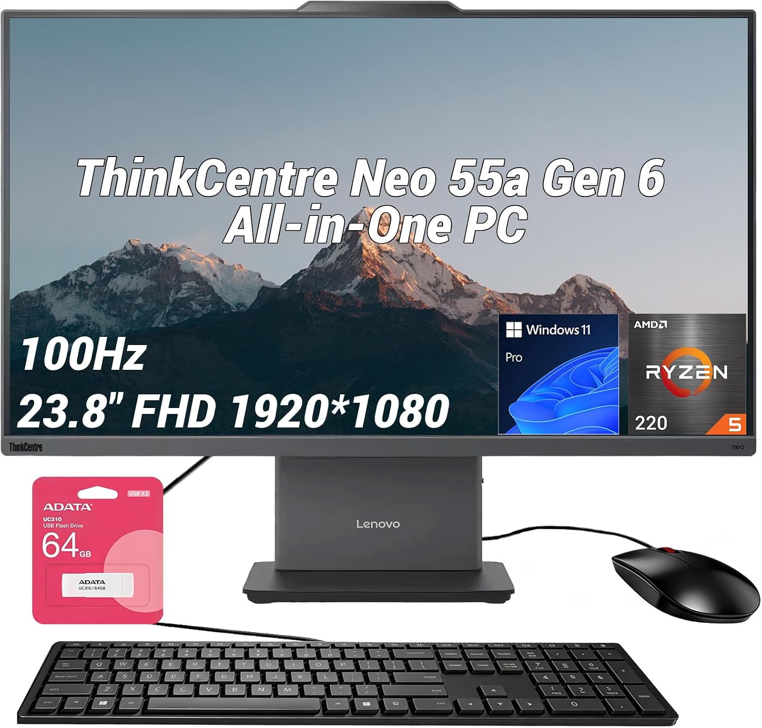 Lenovo ThinkCentre Neo 55a Gen 6 Business All-in-One, 23.8″ FHD IPS 100Hz, AMD Ryzen 5 220 Up to 4.9 GHz, 16GB DDR5, 512GB SSD, Wired KB & Mouse, HDMI, 5MP Webcam, Wi-Fi 6, Windows 11 Pro, w/Bundle