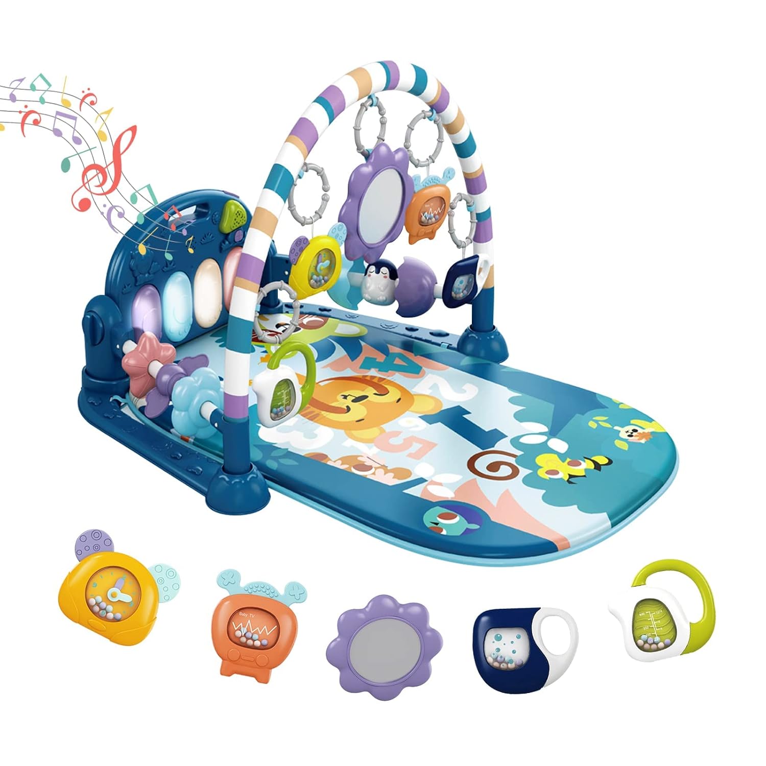 dearlomum Blue Tiger Theme Baby Play Mat Gym with Kick & Play Piano | Tummy Time Activity Mat with 5 Infant Sensory Toys, Music and Lights, Boy & Girl Gifts for Newborns 0 to 3 6 9 12 Months