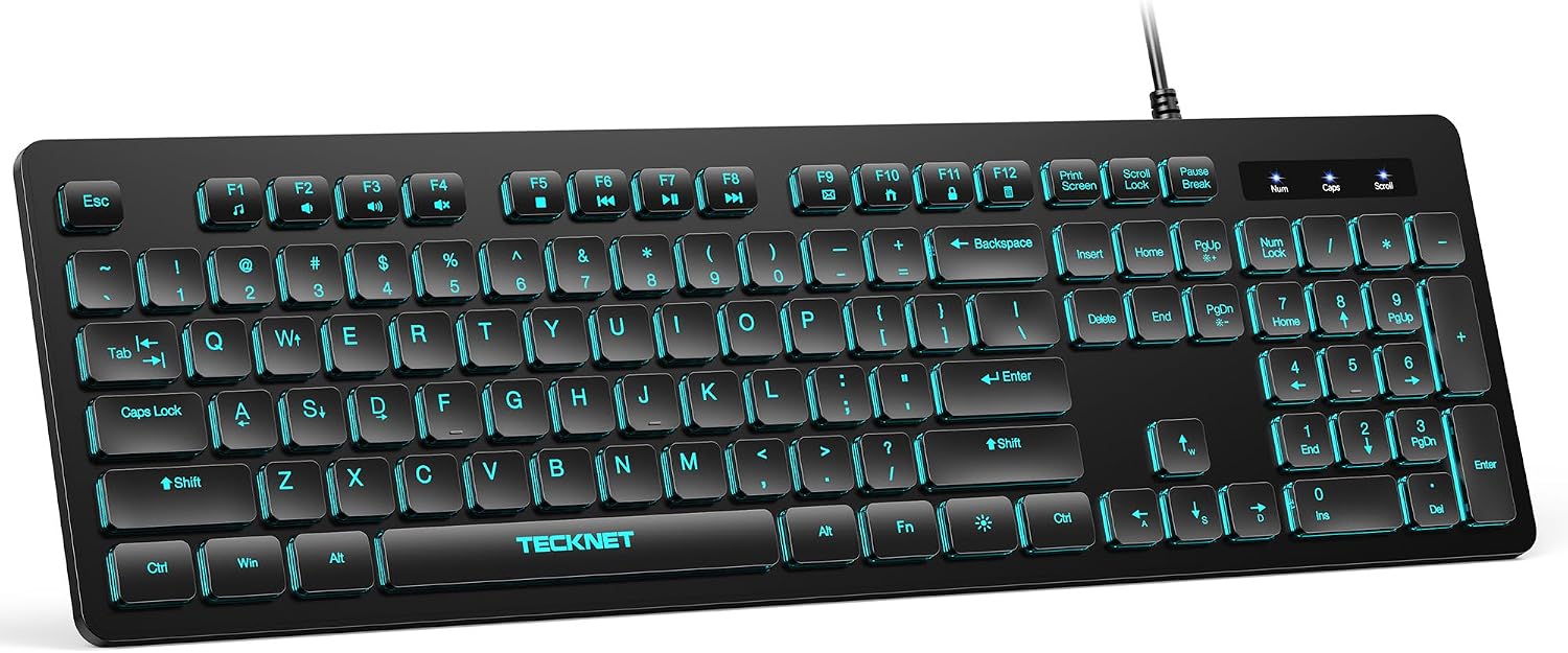 TECKNET Wired Keyboard,Silent USB Keyboard for Office,Spill-Resistant,Slim Full-Size Membrane Layout,Plug and Play for PC/Laptop/Mac-RGB Backlit