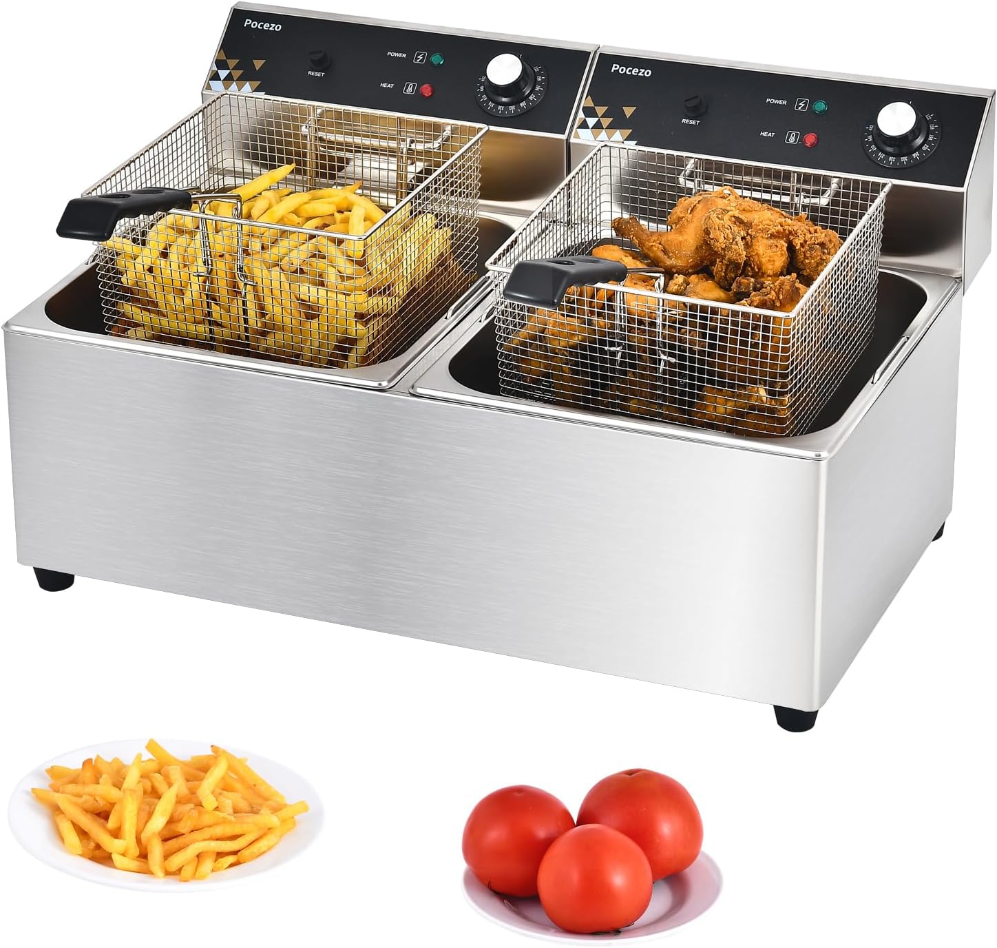 Commercial Deep Fryer with Basket, 3400w 19.7Qt Oil Tank/ 8.9Qt Basket x 2, 0.6mm Thickened Stainless Steel Countertop Electric Fryer for Home Use, Oil Fryer with Double Overheat Protection