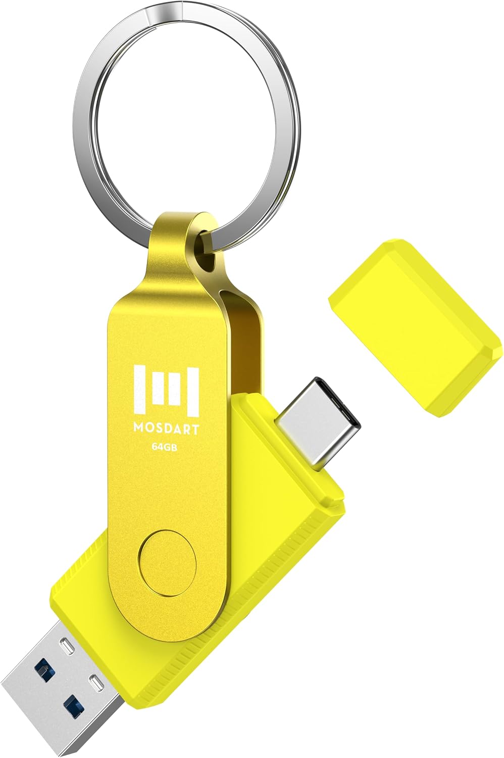 MOSDART 64GB USB C & A 3.2 150MB/s Dual Flash Drive with Keychain, Yellow | Fits Android Phones, iPhone 15, 16, 17, Macbook, iPad, For Photos and Videos, USB-C Port Protection, Phone Case Friendly