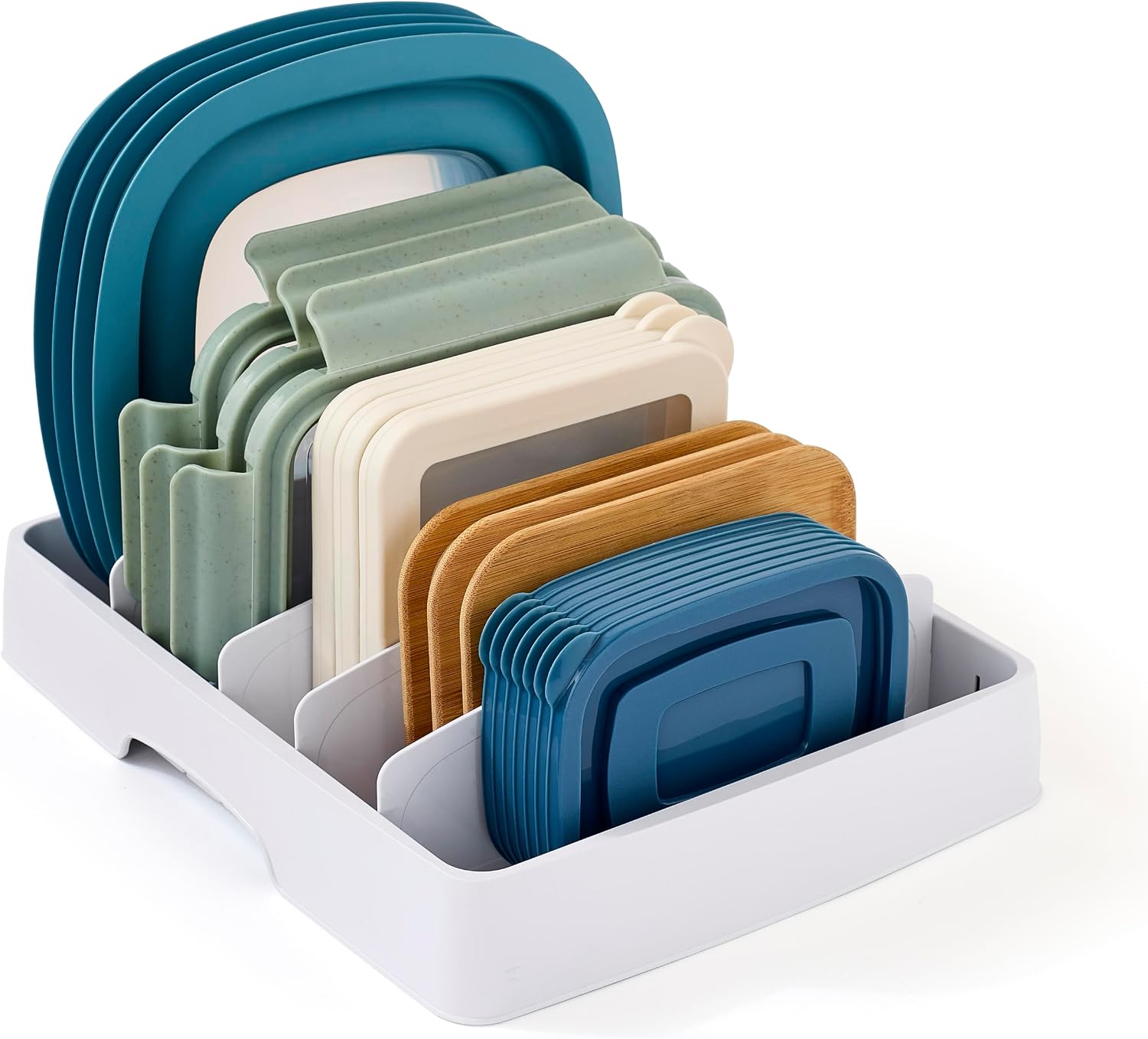 YouCopia StoraLid Food Container Lid Organizer for Kitchen Cabinet Storage with 5 Adjustable Dividers, 10.5”D × 13.4”W × 3.3”H, Large Classic Edition, White