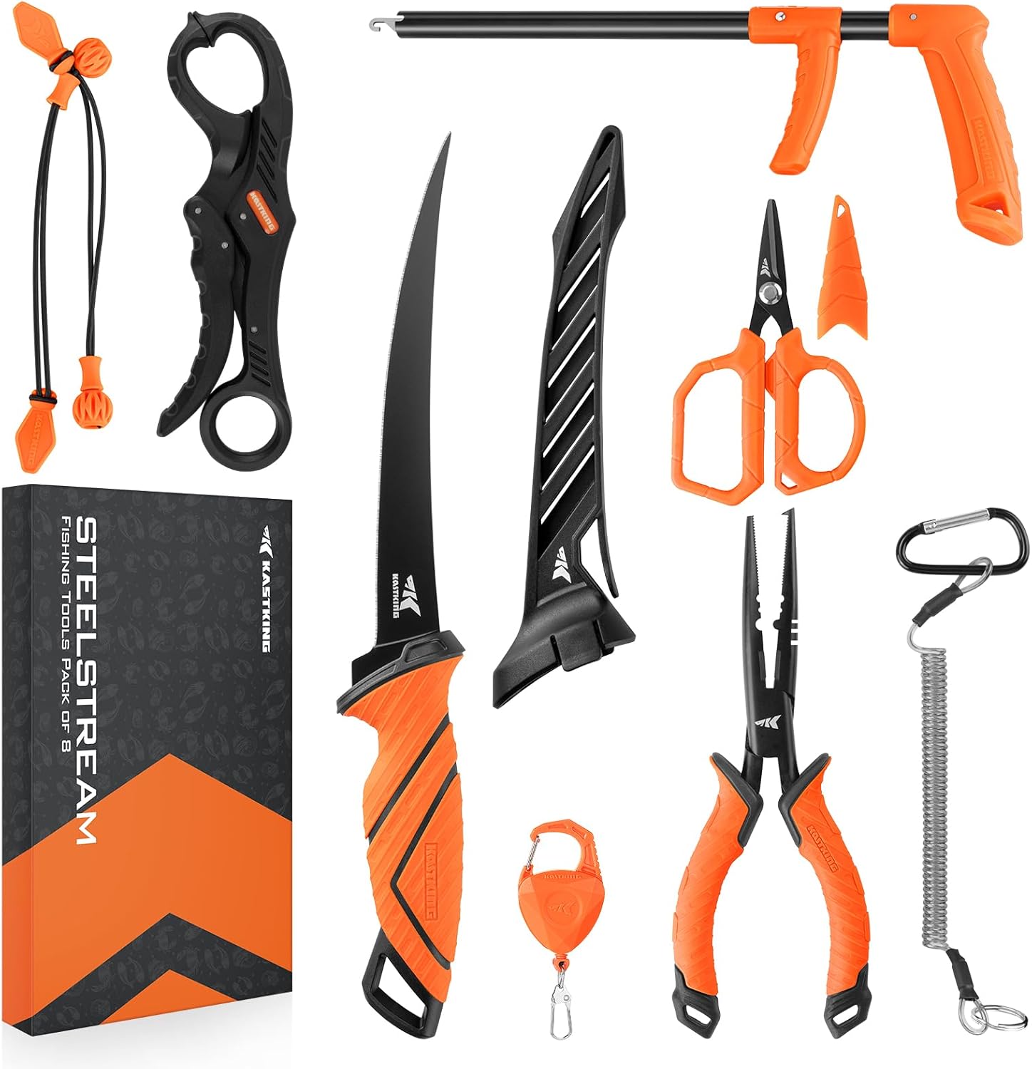 KastKing SteelStream 8pc Fishing Tool Kit – Fishing Pliers with Lanyard, Fillet Knife, Floating Fish Lip Gripper, Fishing Braid Scissors, Tool Retractor, Fishing Hook Remover, Bungee Cords