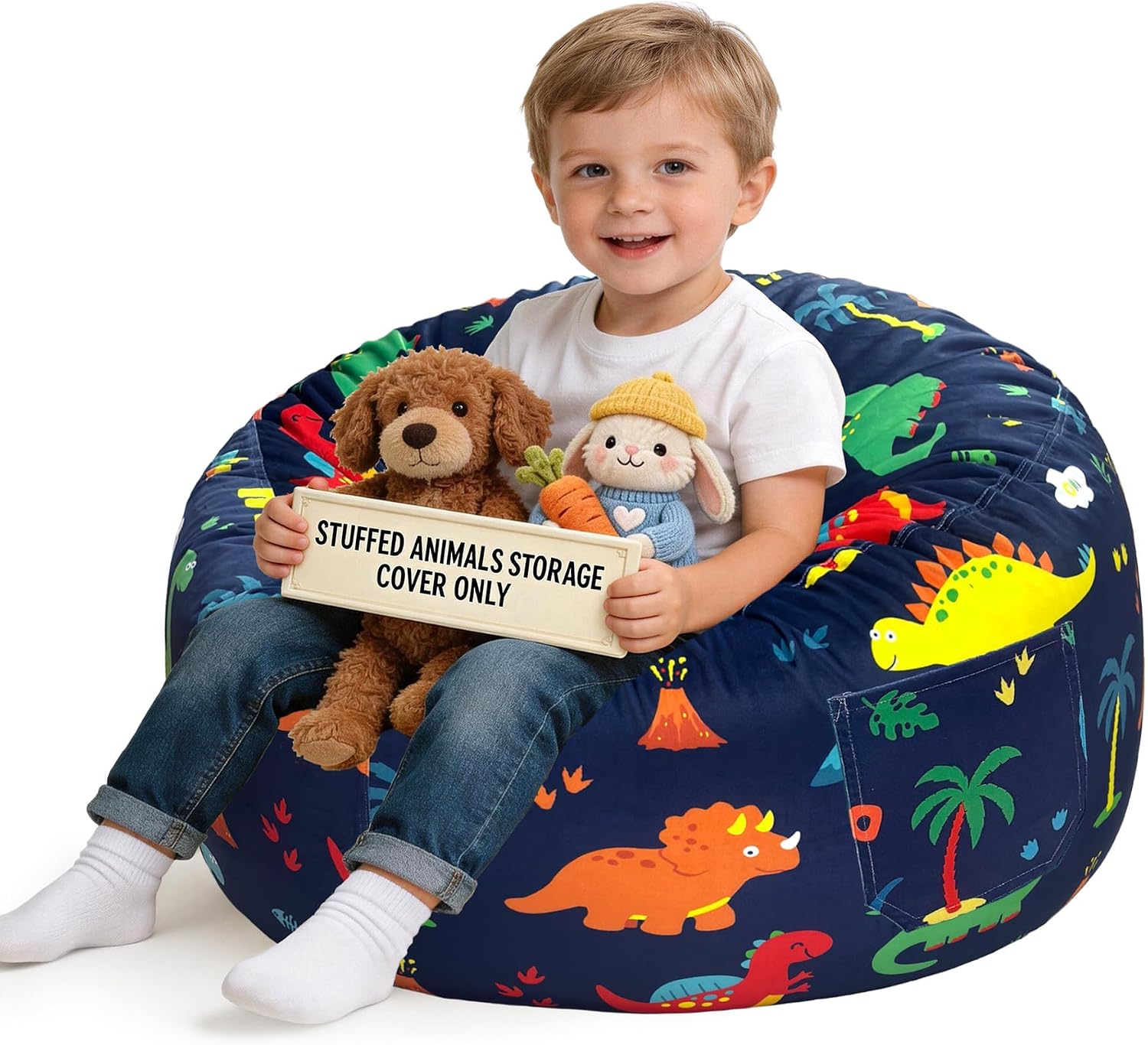 Lukeight Dinosaur Stuffed Animal Storage Bean Bag Chair Cover for Kids, Velvet Plush Toy Organizer Seat, Cover Only, No Filling Included, Long YKK Zipper, Side Pocket, Large 27″D x 16″H