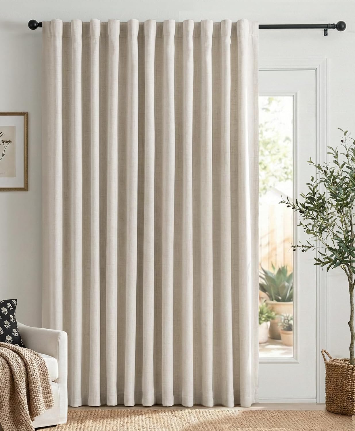 100% Blackout Shield Linen Blackout Sliding Door Curtains for Living Room, Back Tab/Rod Pocket Thermal Insulated Curtains for Sliding Glass Doors, 1 Panel Set, 100″ W x 84″ L, Cream