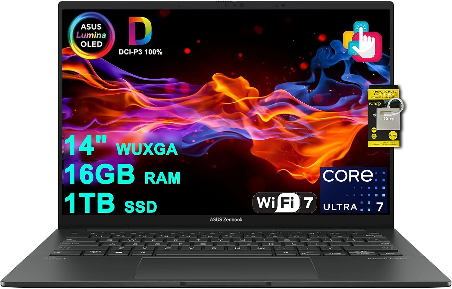 ASUS Zenbook 14 Creator Laptop 14″ WUXGA Lumina OLED Touch (500nits HDR, 100% DCI-P3) Intel 16-core Ultra 7 255H (Up to 13 Tops) 16GB RAM 1TB SSD for Business Work Win11 ICP Hub