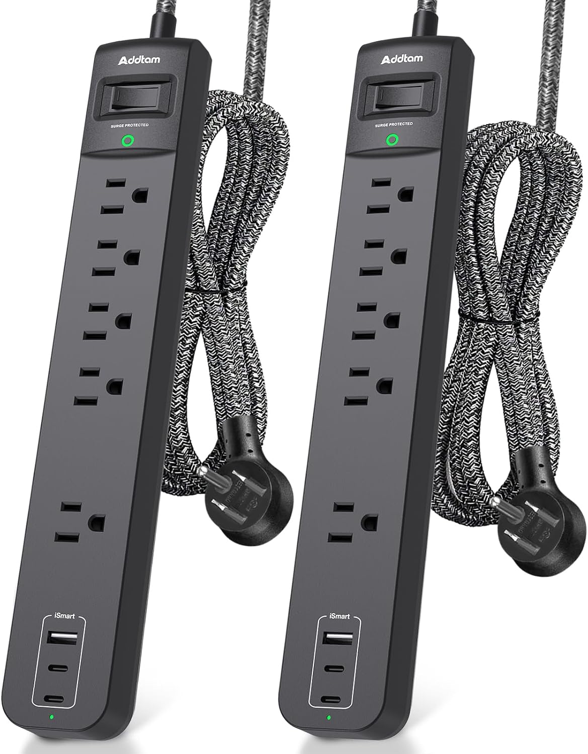 2 Pack Power Strip Surge Protector – 5 Widely Spaced Outlets 3 USB Charging Ports, 1875W/15A 6Ft Braided Extension Cord, Flat Plug Overload Protection, Wall Mount for Home Office Dorm Room Essentials