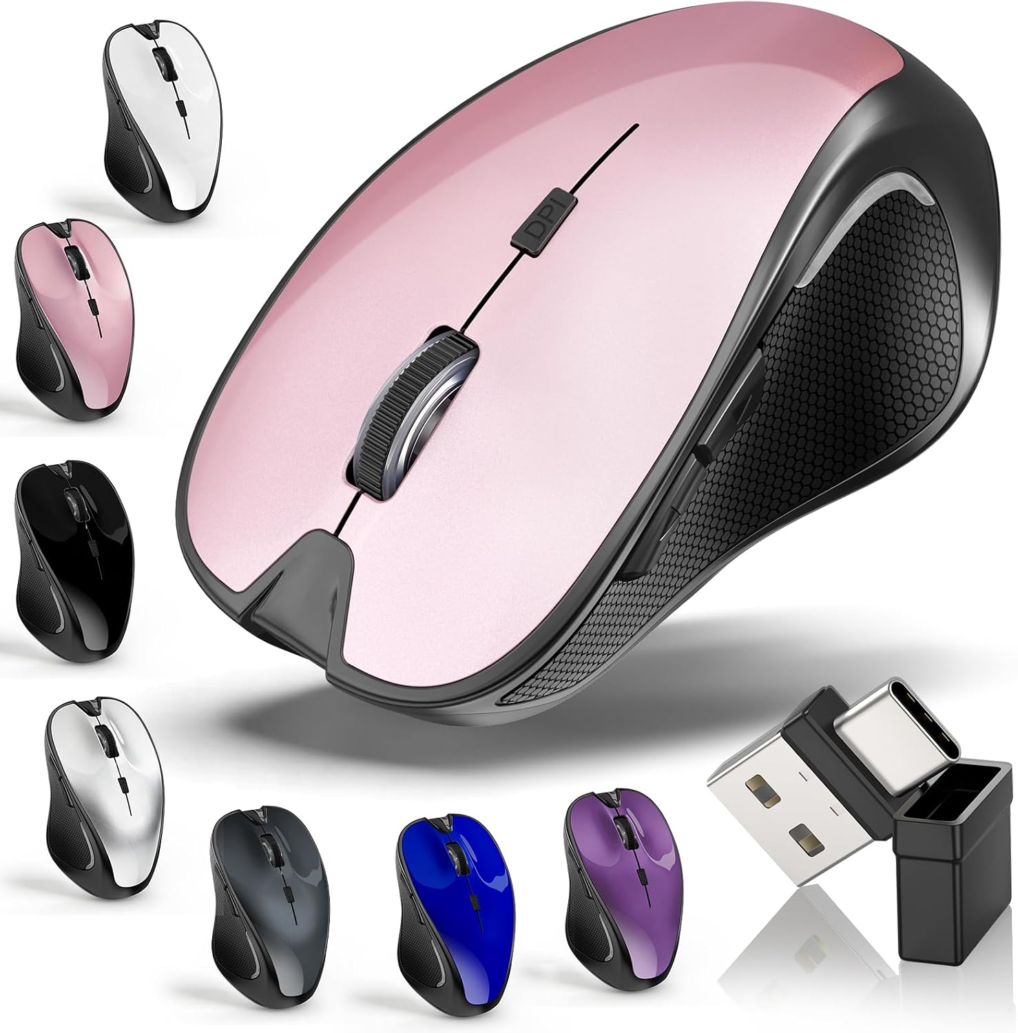 Mouse for MacBook Wireless Bluetooth Laptop Mac Pro Air Mice with Jiggler | Wireless Rechargeable PC Pad Optical Silent Mouse Dual Mode Switch Bluetooth 5.2/3.0 and 2.4GHz USB Type-C Receiver ROSE GOLD