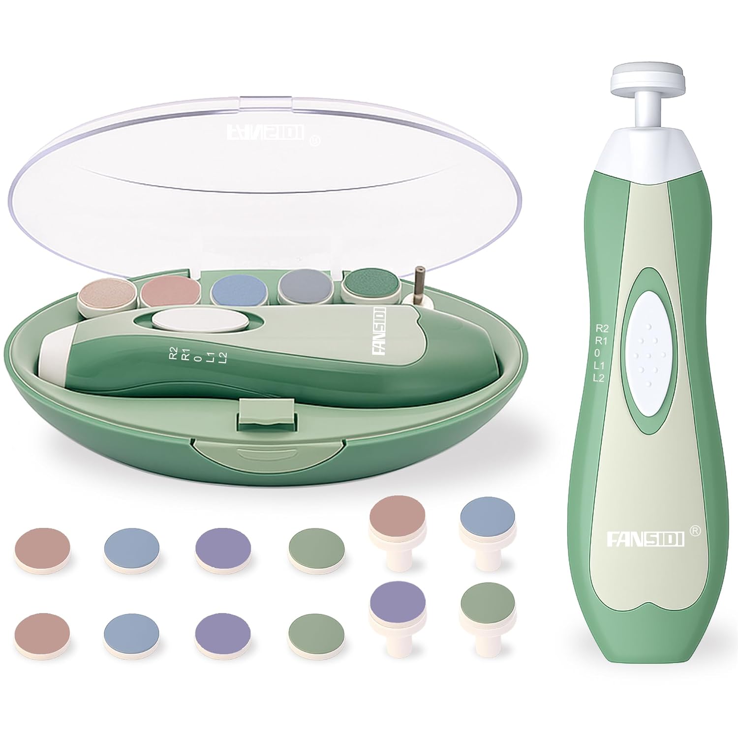 Fansidi Baby Nail Trimmer Electric, Easy & Safe Nail File for Newborn to Toddler, Whisper-Quiet Nighttime Use, Precise 4-Stage Grinding Heads, LED Light, 18-Piece Kit, Forest Green, Baby Shower Gift
