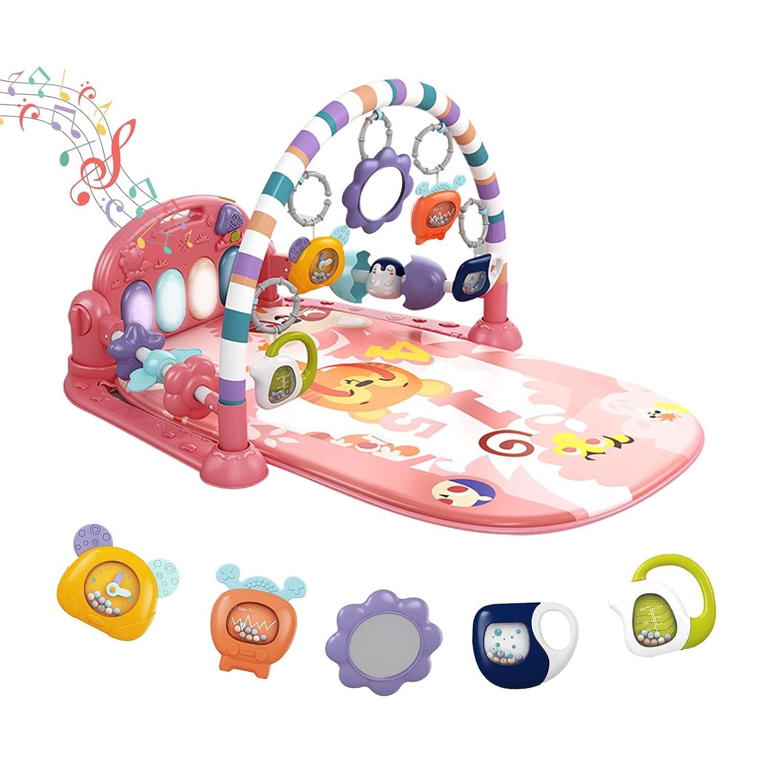 dearlomum Pink Tiger Theme Baby Play Mat Gym with Kick & Play Piano | Tummy Time Activity Mat with 5 Infant Sensory Toys, Music and Lights, Boy & Girl Gifts for Newborns 0 to 3 6 9 12 Months