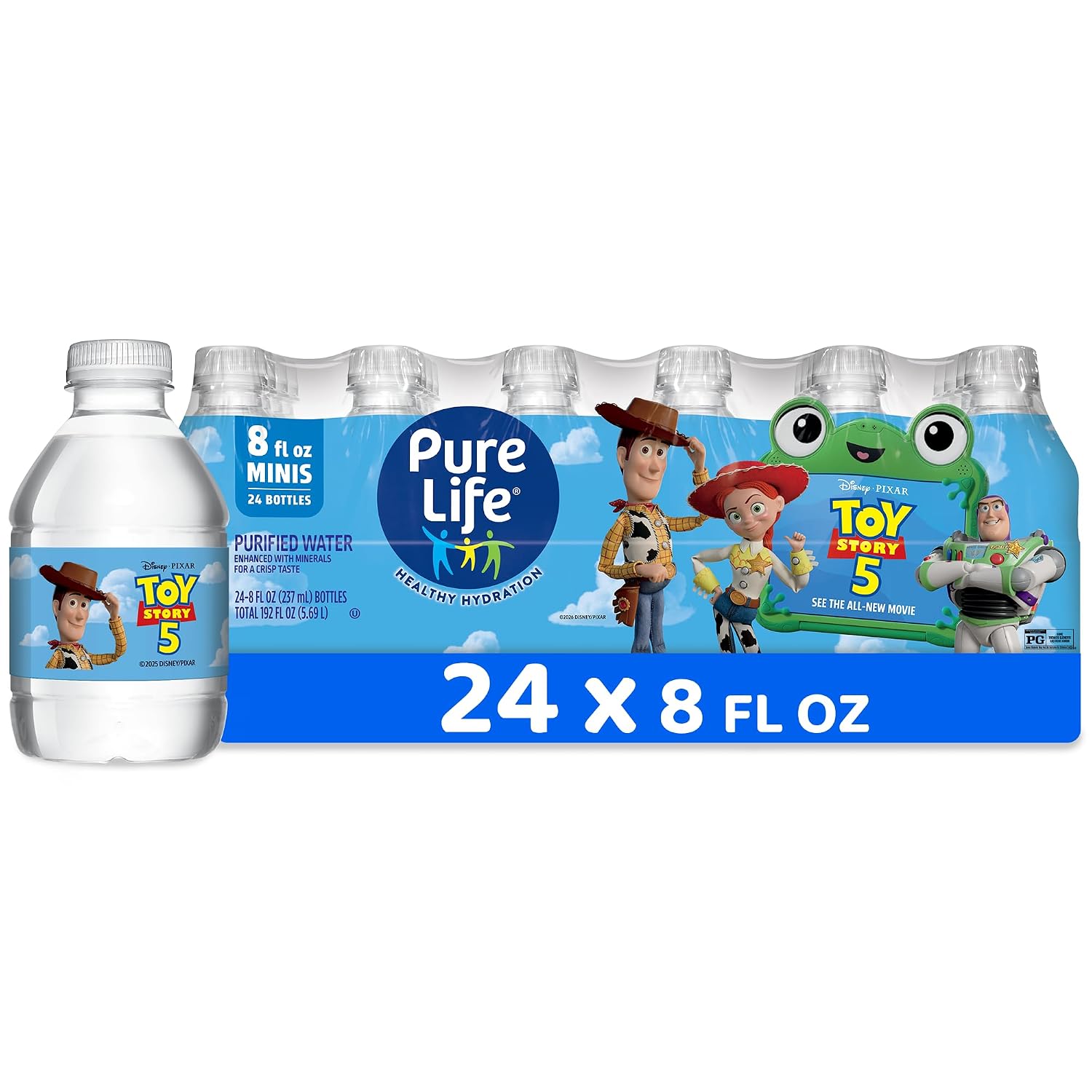 Pure Life Purified Bottled Water, 24 Pack – Still Drinking Water Enhanced with Minerals for a Crisp Taste – 8 Fl Oz – Toy Story 5 Packaging Graphics