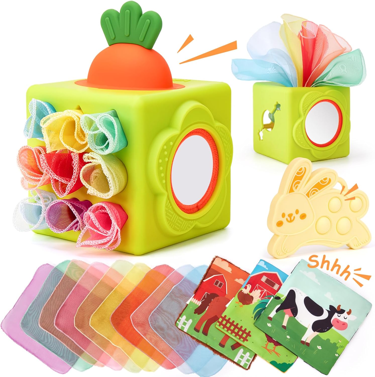 hahaland Silicone Baby Tissue Box Toy – Baby Toys 6-12 Months Montessori Toys for 6 Month Old Babies, 6-in-1 Soft Busy Activity Cube with Scarves, Crinkle, Textures, Mirror, Sensory Popper 9 Month Old