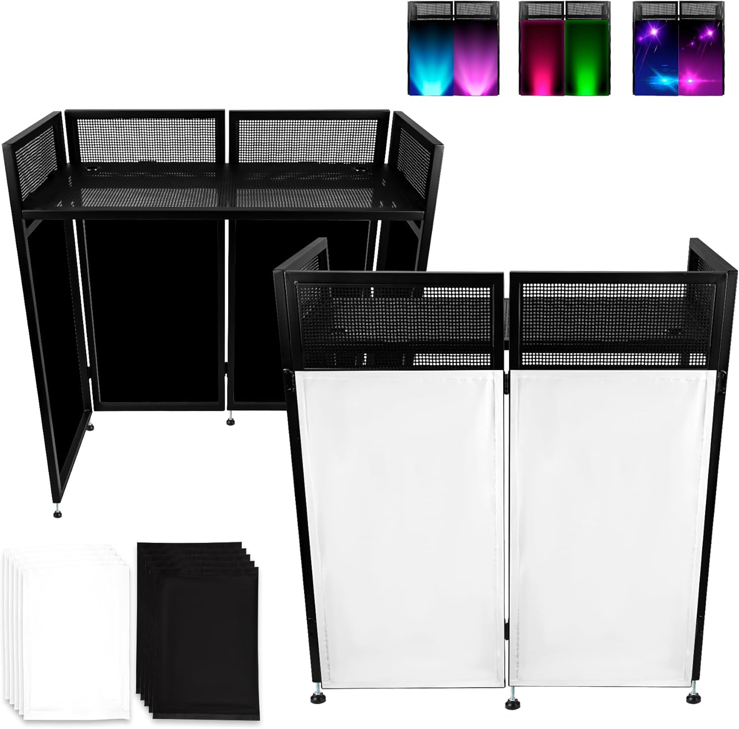 Neoaider DJ Booth Table Station 44″x42″x21″, DJ Facade Booth | Black & White Scrims, Detachable 40″x20″ DJ Table, Carrying Bag, Foldable Metal Frame DJ Panel for Show, Party, Gathering