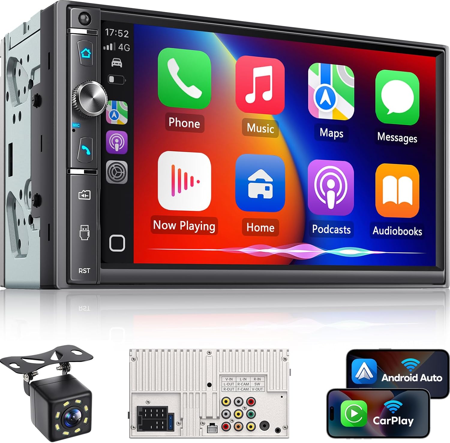 Double Din Car Stereo with 7″ HD Touchscreen, Wireless Apple Carplay & Android Auto, Bluetooth, 240W, SWC, Subwoofer Output, Mirror Link, FM/AM Car Radio Receiver, Backup Camera