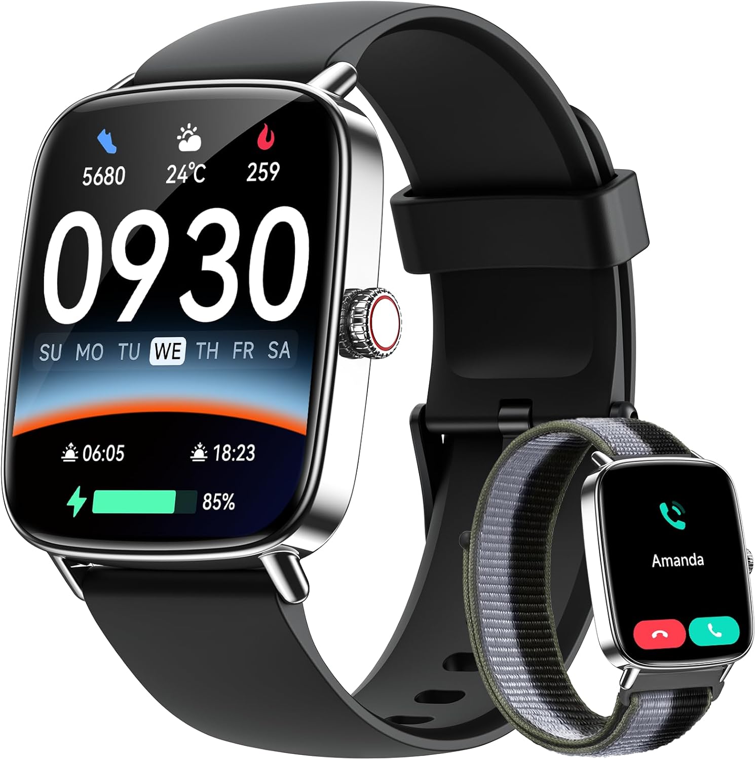 Smart Watch for Women Men, 1.85″ HD AMOLED Fitness Tracker (Answer/Call) with 24/7 Heart Rate/Sleep/SpO2 Monitor for iPhone & Android, 120+ Sports Modes Smartwatch with IP68 Waterproof, 2 Bands