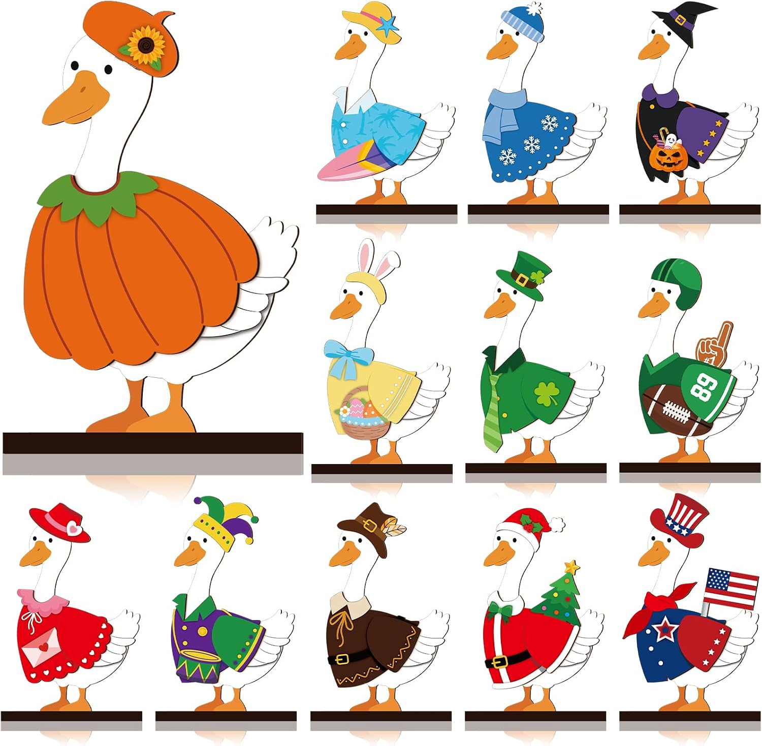 Menkxi 27 Pcs Interchangeable Seasonal Goose Table Decor Wooden Desk Goose Outfit Signs Farmhouse Table Centerpiece with Holiday Icon Rustic Spring Patriotic Memorial Day Spring Decor for Home Office