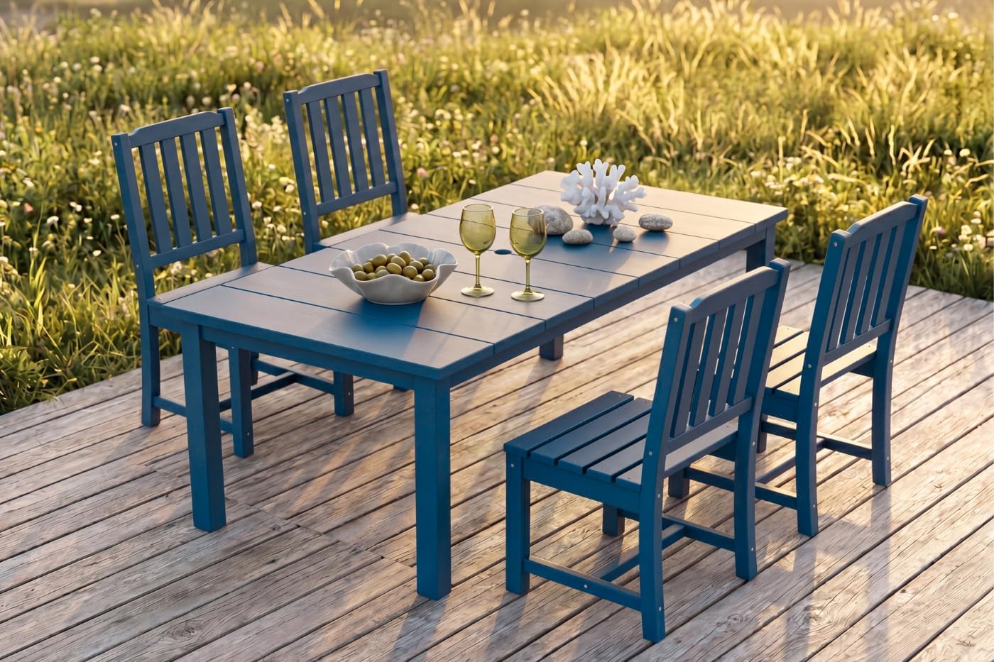 Perli™ 5-Piece Outdoor Dining Set, All-Weather HDPE Patio Furniture with 4 Armless Chairs and Rectangular Table, UV-Resistant 4-Person Set for Deck, Backyard, Blue