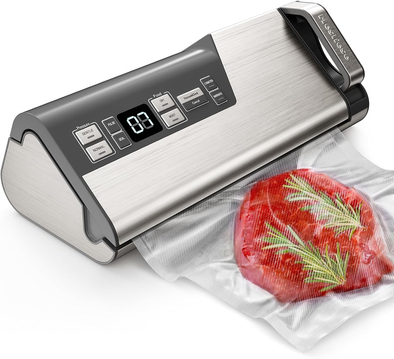 Mesliese Vacuum Sealer Machine 95kPa 140W, 20L/min Suction Speed Food Sealer with Double Heat Seal Strips, Built-in Cutter & Bag Storage, LED Countdown Display, 2 Rolls & 5 Pre-cut Bags
