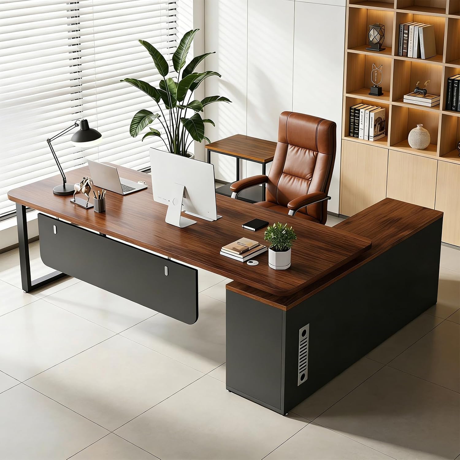 L Shaped Executive Desk with Storage Cabinet and Drawers, Large Office Desk with Cable Management, Reversible Corner Computer Desk, Modern Workstation for Business Office