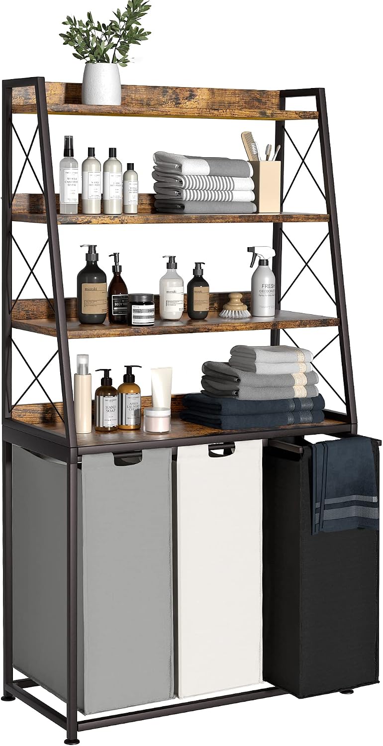 Herture Laundry Basket, 3 Section Laundry Hamper with 4 Tiers Shelf, Pull-Out and Removable Laundry Bags, Large 3 x 15.87 Gallons, for Laundry Room Bathroom Rustic Brown PF05XLN