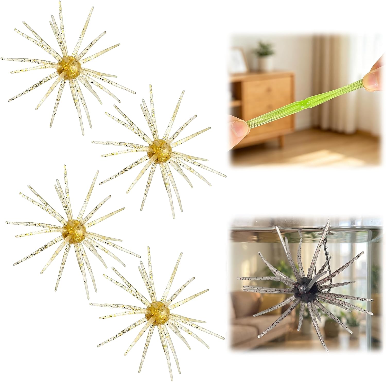 4 Pcs Simulation Sea Urchin Bait, 2026 New Realistic Fuzzy Dice Fishing Lure, Floating TPR Swimbait with Reflective Stars, Soft Baits for Bass Fishing