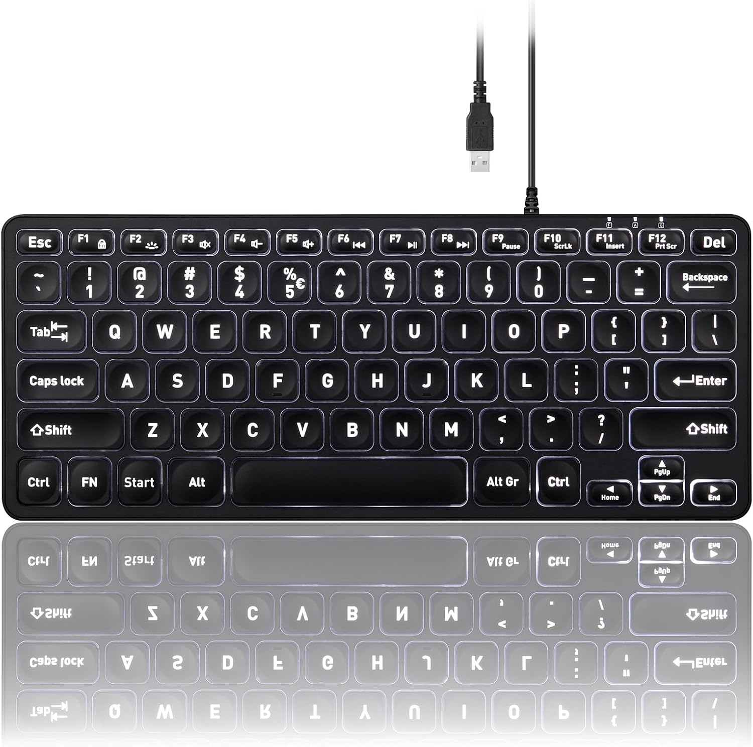 Perixx PERIBOARD-332 Wired Backlit USB Keyboard – Mini 11.22×4.57×0.83 Inches – Slim Scissor Keys with Big Font – White Illuminated LED – US English