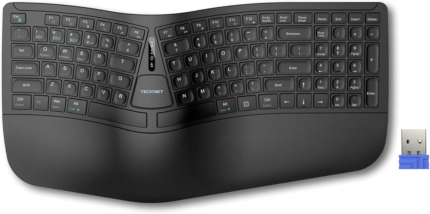 TECKNET Wireless Ergonomic Keyboard Rechargeable, 2.4G+Bluetooth Ergo Cordless USB Computer Keyboard, Wrist Rest, Natural Typing, Stain-Resistant Fabric, Compatible For Windows Computer Desktop Laptop
