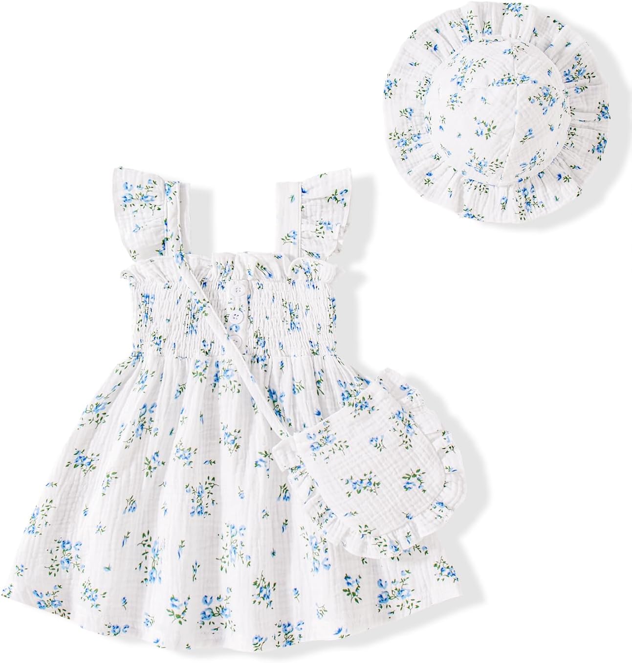 Vibebox Baby Girl Ruffle Sleeveless Dresses Newborn Girls Summer Button Dress Birthday Gifts Clothes with Cute Hat and Bag