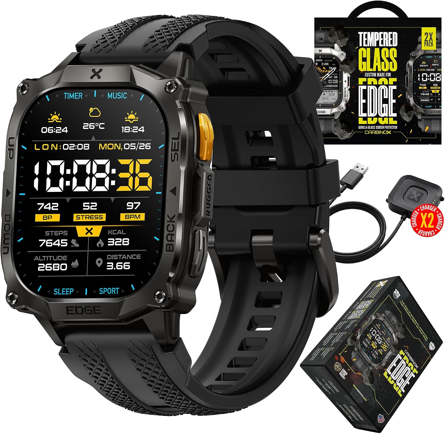 CARBINOX Edge Smart Watch Rugged, 1.96″ AMOLED, Stainless Steel, IP69K/5ATM Fitness trackers, Dual-Band GNSS, 500mAh, Bluetooth Calls, Smart Watch for Android Phones iOS (Black)