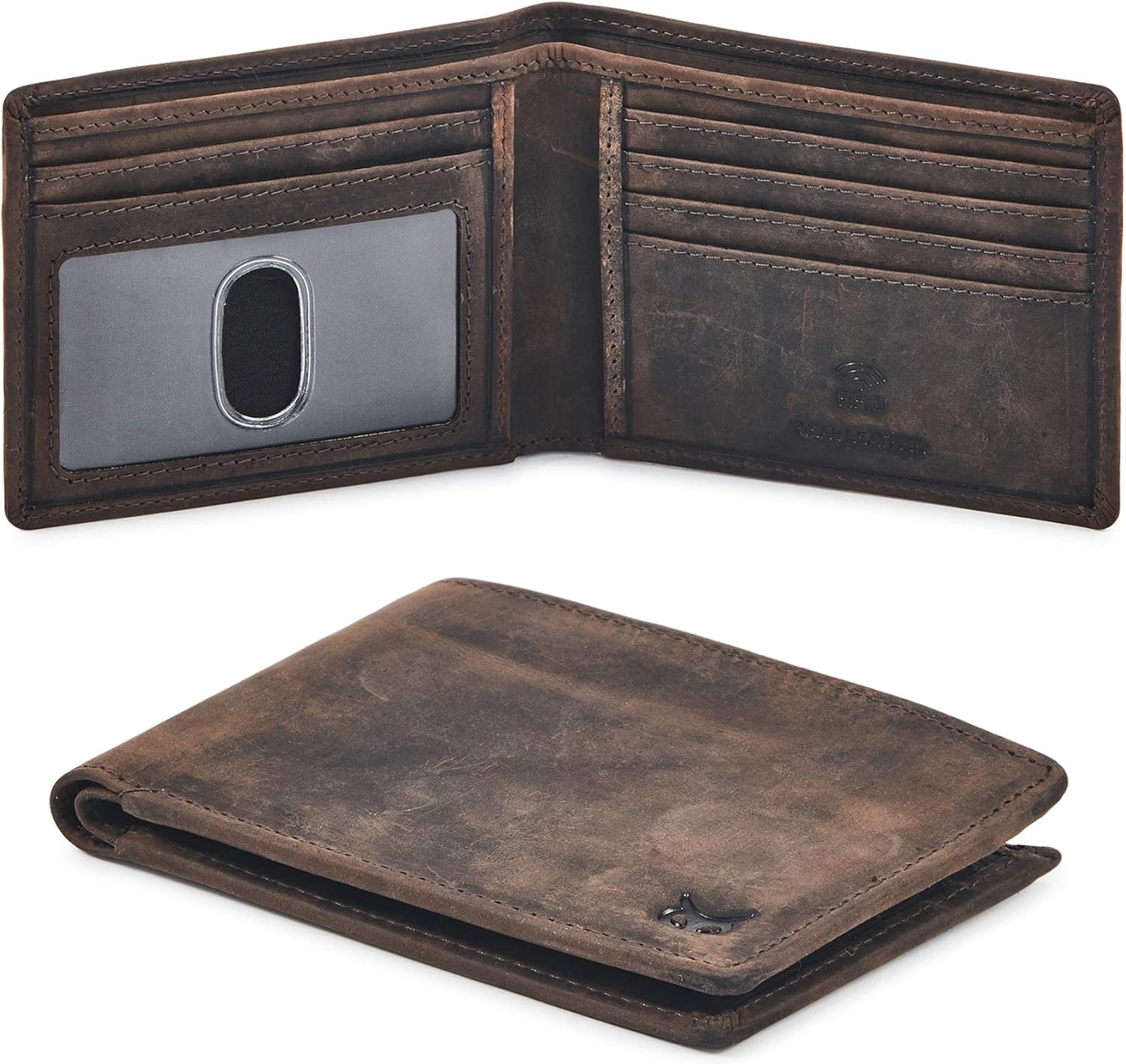 Real Leather Mens Bifold Wallet RFID Blocking Slim Minimalist Front Pocket – Thin & Stylish with ID Window in Gift Box (Crazy Horse, Coffee)