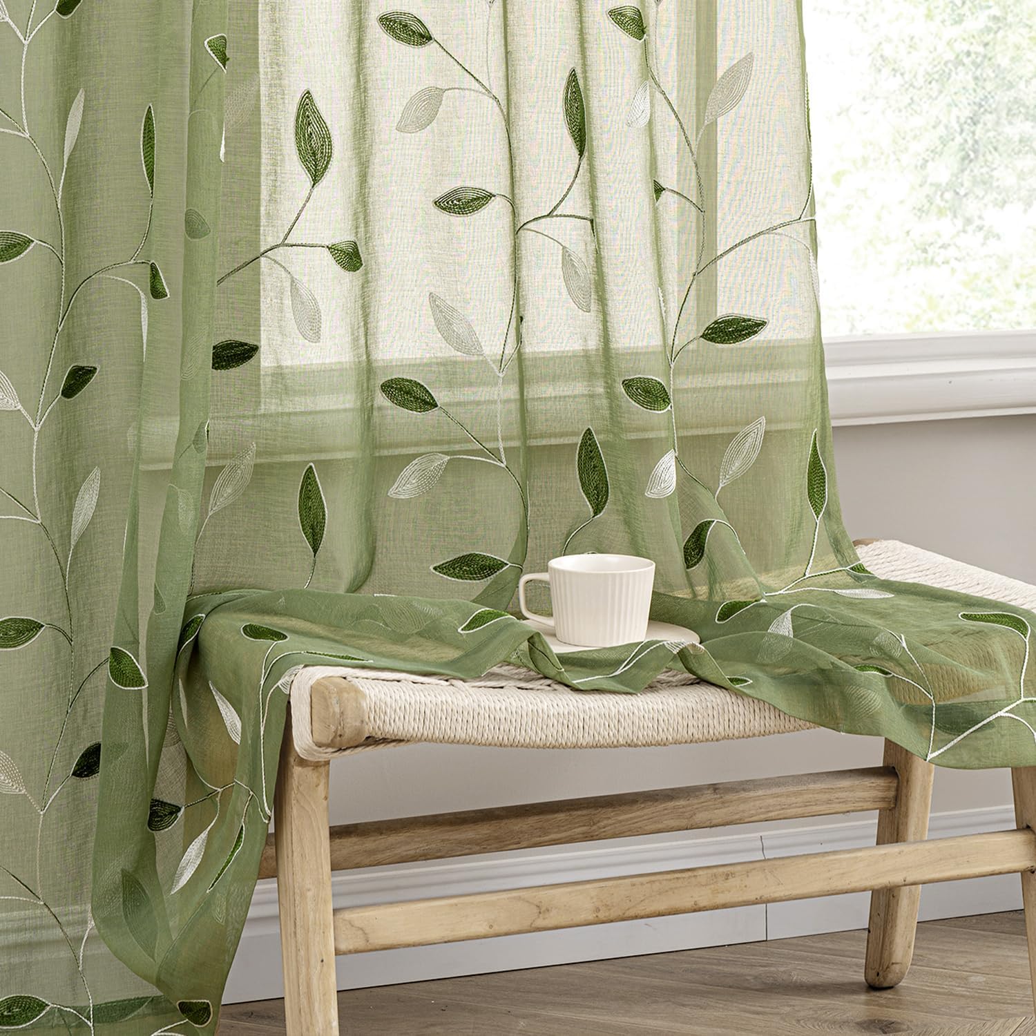 MIULEE Sage Green Sheer Curtains 2 Panels Embroidered Leaf Patterned Rod Pocket Floral Semi Sheer Faux Linen Window Curtains Drapes Set for Living Room Bedroom Dining Room, 52×84 Inches Long