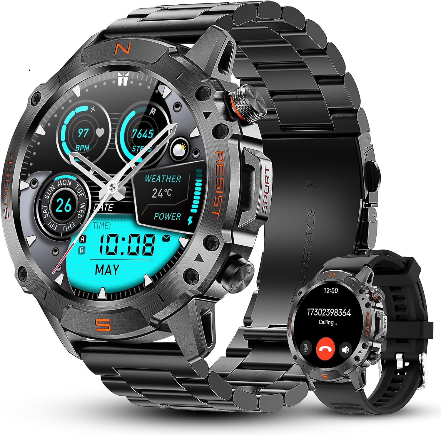 Rugged Smart Watch for Men, 5ATM Waterproof, 170+ Sports Modes, 1.43″ AMOLED Round Health Fitness Tracker Watch, Tactical Military Smartwatch Compatible with iPhone Android, Stainless Steel Metal Band