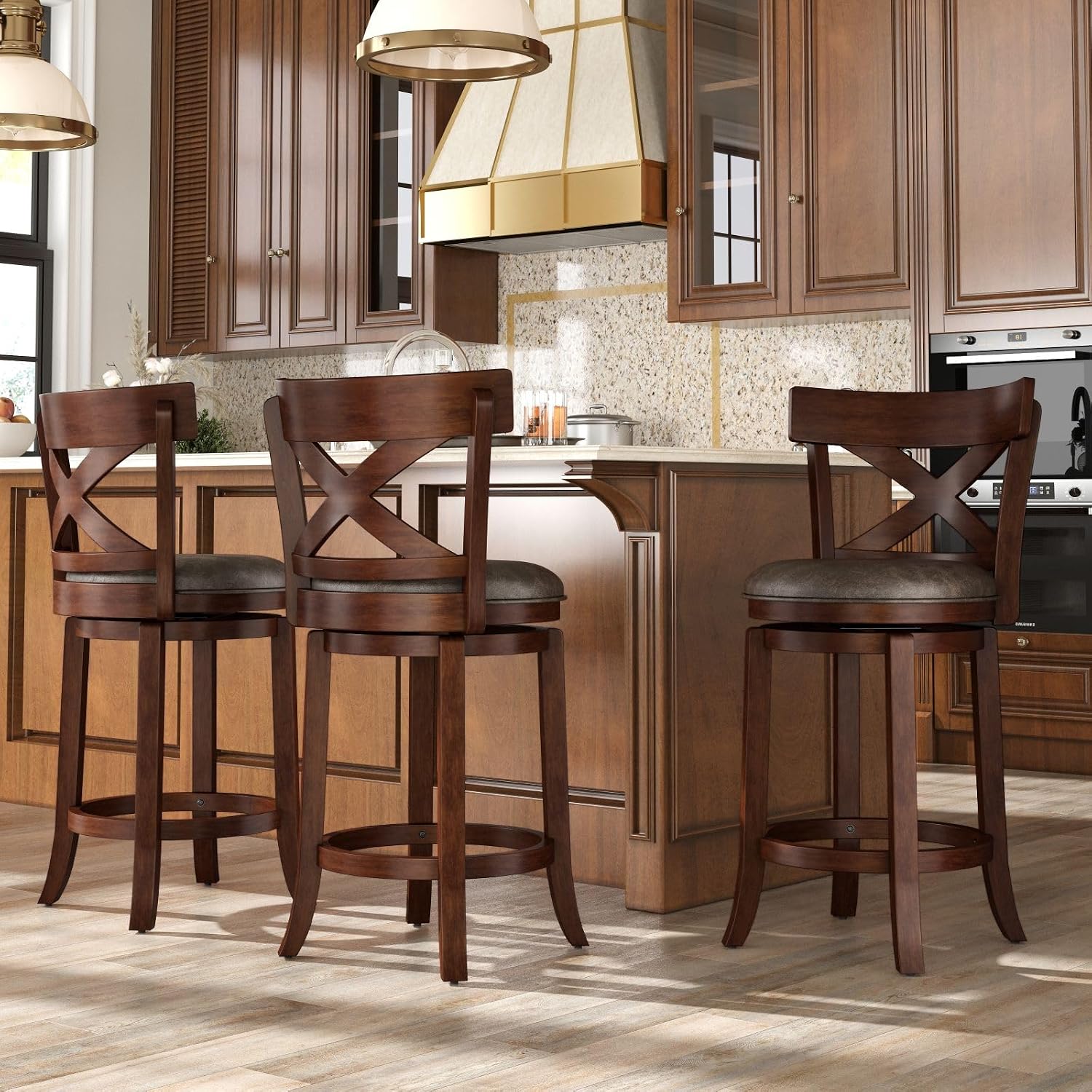 Sophia & William Swivel Bar Stools Set of 3, 26 Inch Counter Height Barstools with Cross Back & Solid Wood Legs, Faux Leather Bar Chairs for Kitchen Island