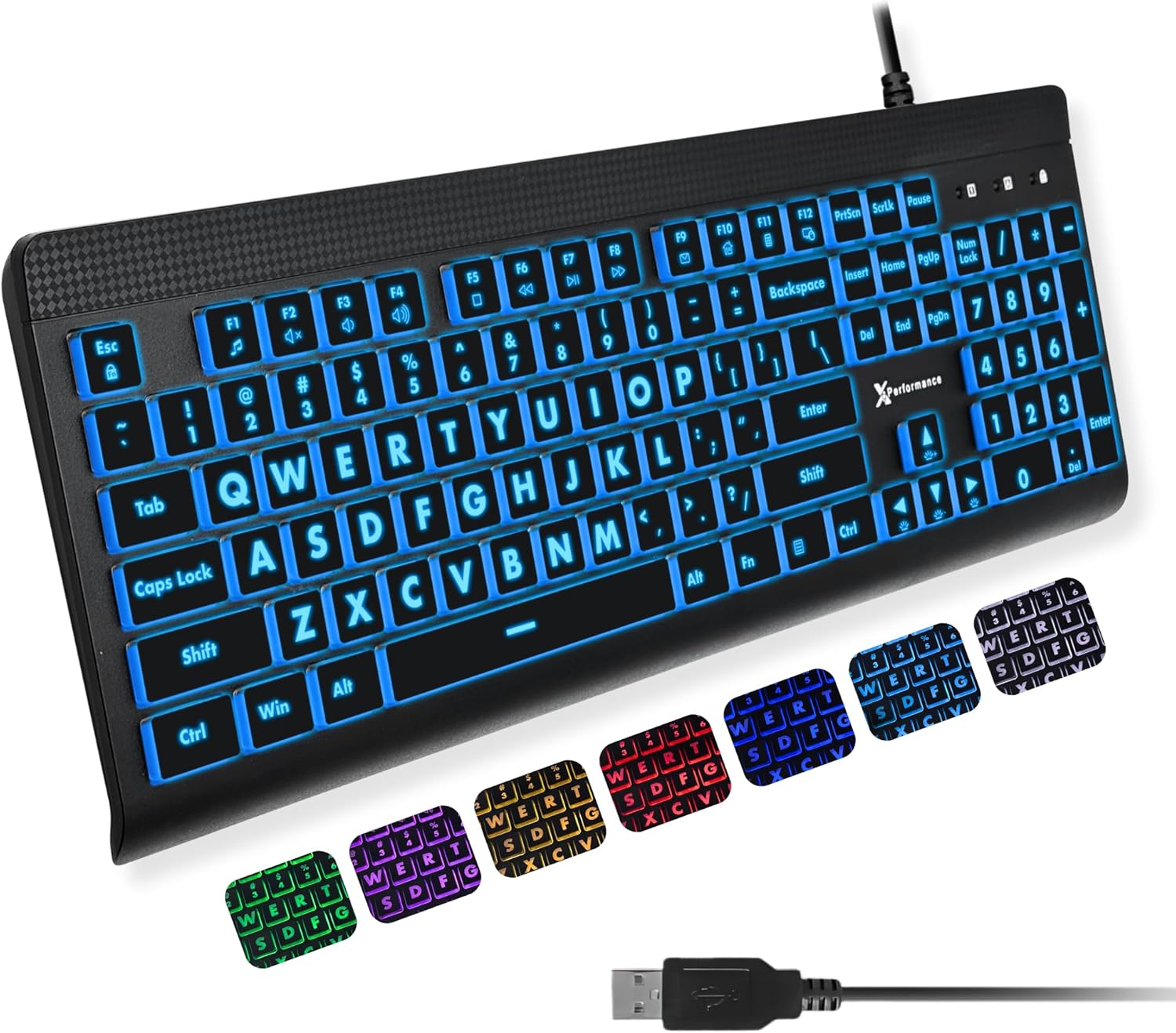 X9 Large Print Backlit Computer Keyboard – Easy to See Big Letters – Lighted USB Wired Keyboard with 7-Colors Backlight LED, Full Size Oversized Light Up Keyboard for Windows, PC, Laptop, Desktop