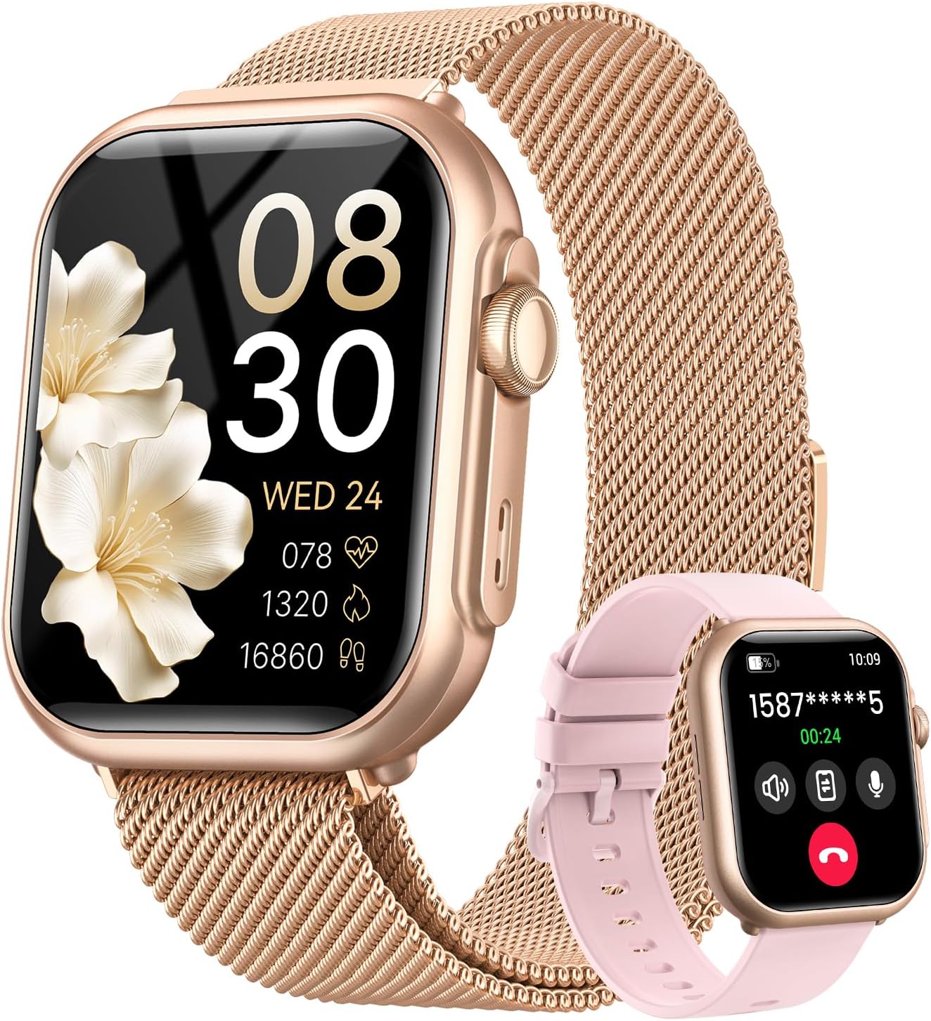 Smart Watch for Women for iPhone Android: 1.85″Smartwatch with Make/Answer Call Sleep Heart Rate SpO2 Blood Pressure Monitor IP68 Waterproof 120+Sport Mode Fitness Tracker 1000mAh Battery 2Bands Pink