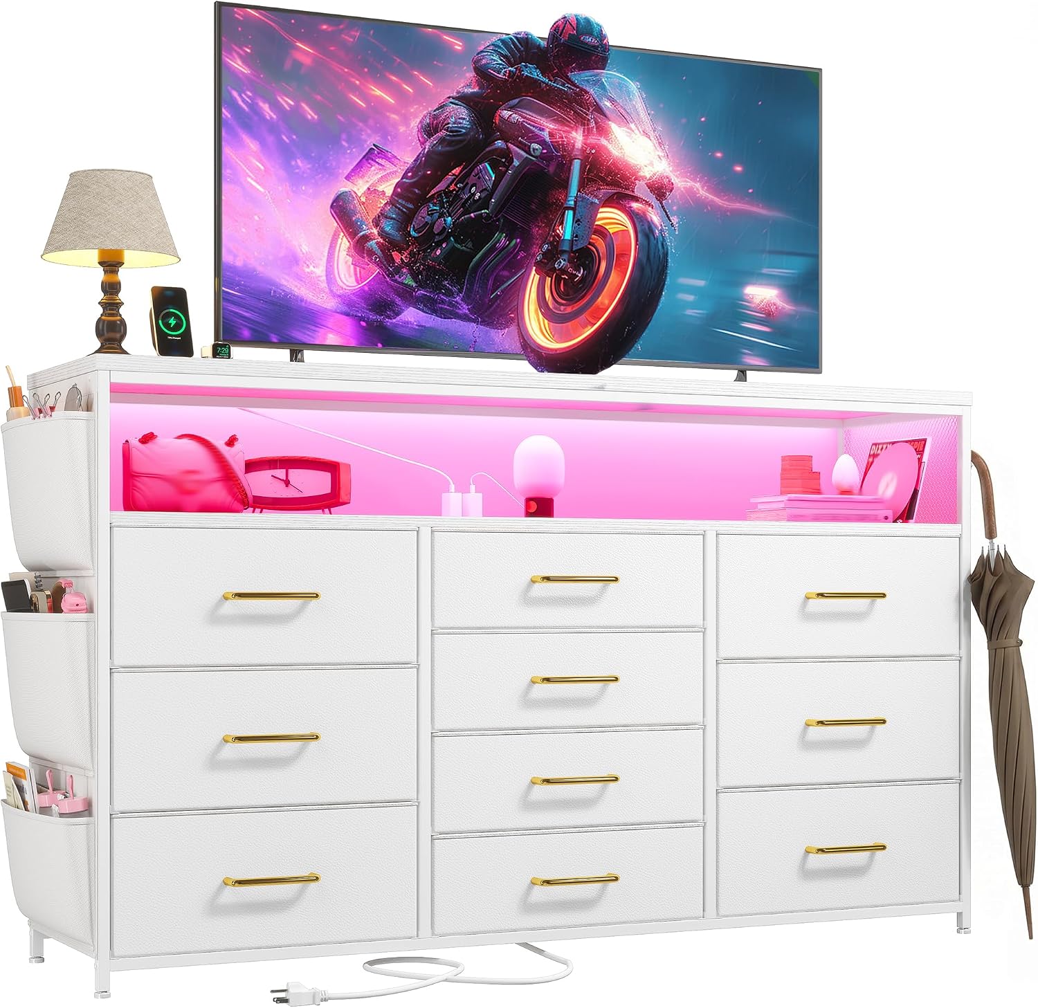 EnHomee Dresser with 10 Drawers, LED TV Stand for 55″ TV with Power Outlets | Chest of Drawers with Side Pockets and Shelves, Metal Frame and Sturdy Wood for Bedroom, Hallway, White