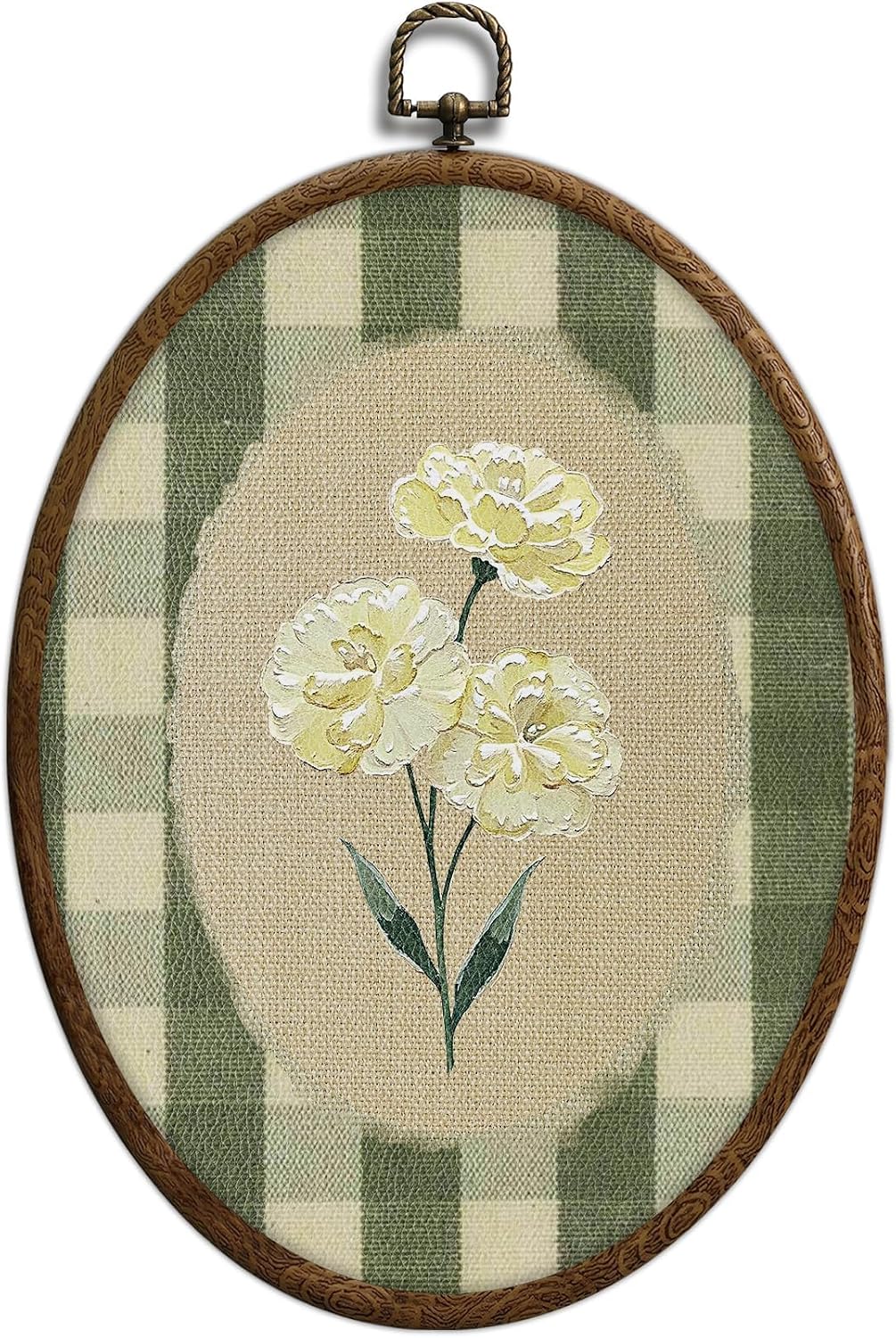Flower Oval Wall Art, Green Gingham Oval Cottage wall Decor, Retro Botanical Grandma Cottage Core Home Decor for Western Farmhouse Bedroom Living Room, Home Retro Decor Products, 7×10 Inches, 15