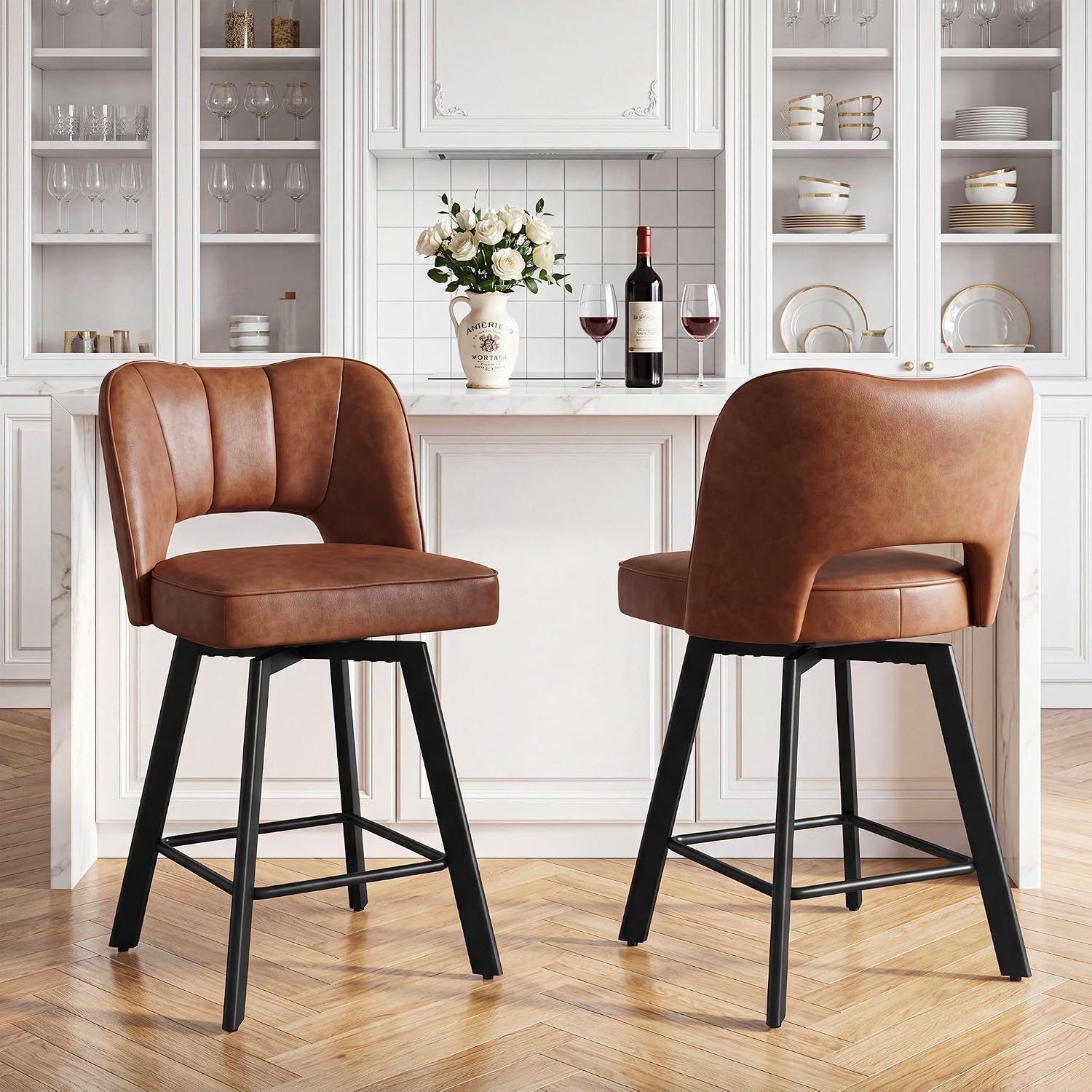 Homkdom Hollow Back Bar Stools Set of 3 26″ Counter Height,360° Swivel | Faux Leather Upholstery, Sturdy Metal Frame, Built-in Footrest, 350 lbs, for Kitchen Island, Bar & Dining Area,Cognac Brown