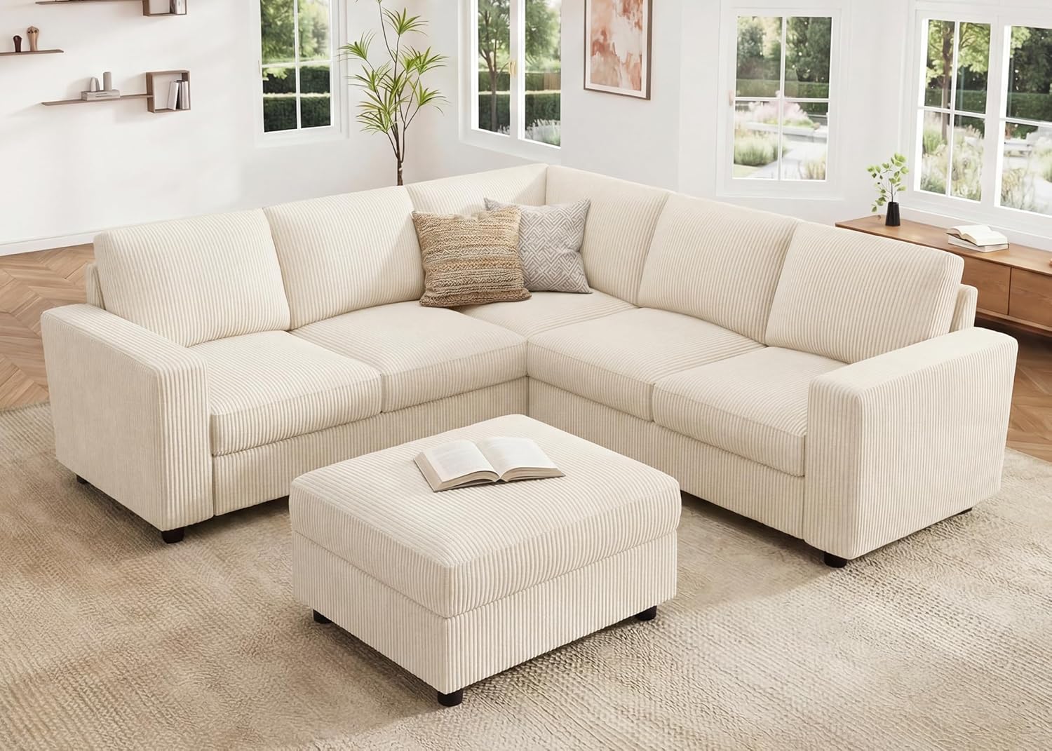 HONBAY Corduroy Sectional Sofa, 6 Seats 80 Inch L Shaped Couch with Ottoman Pet-Friendly for Small Apartment Living Room, Beige