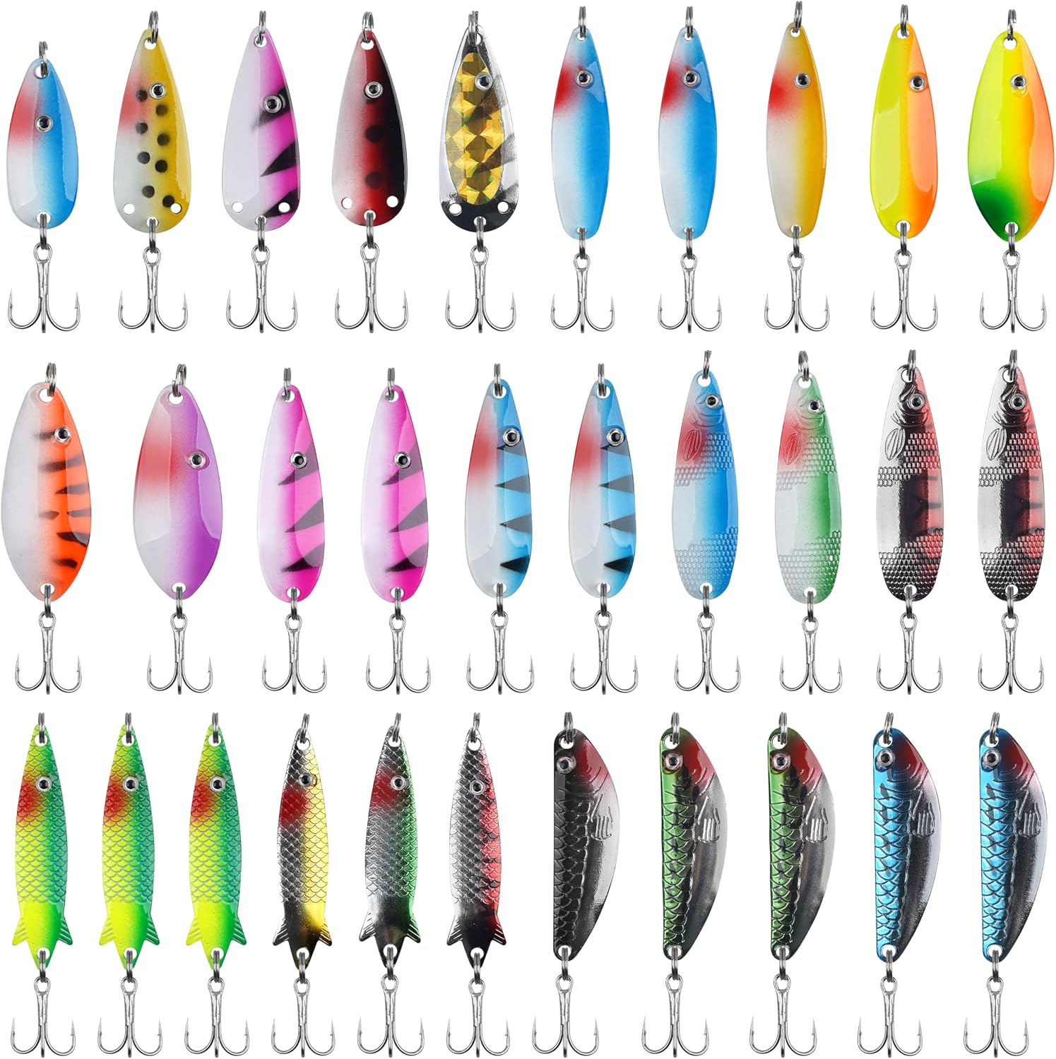 Fishing Spoons Lures Kit,30pcs Hard Metal Fishing Spinner Baits Trout Lures Casting Trolling Trout Spoons Fishing Lures with Treble Hooks for Bass Salmon Pike Walleye