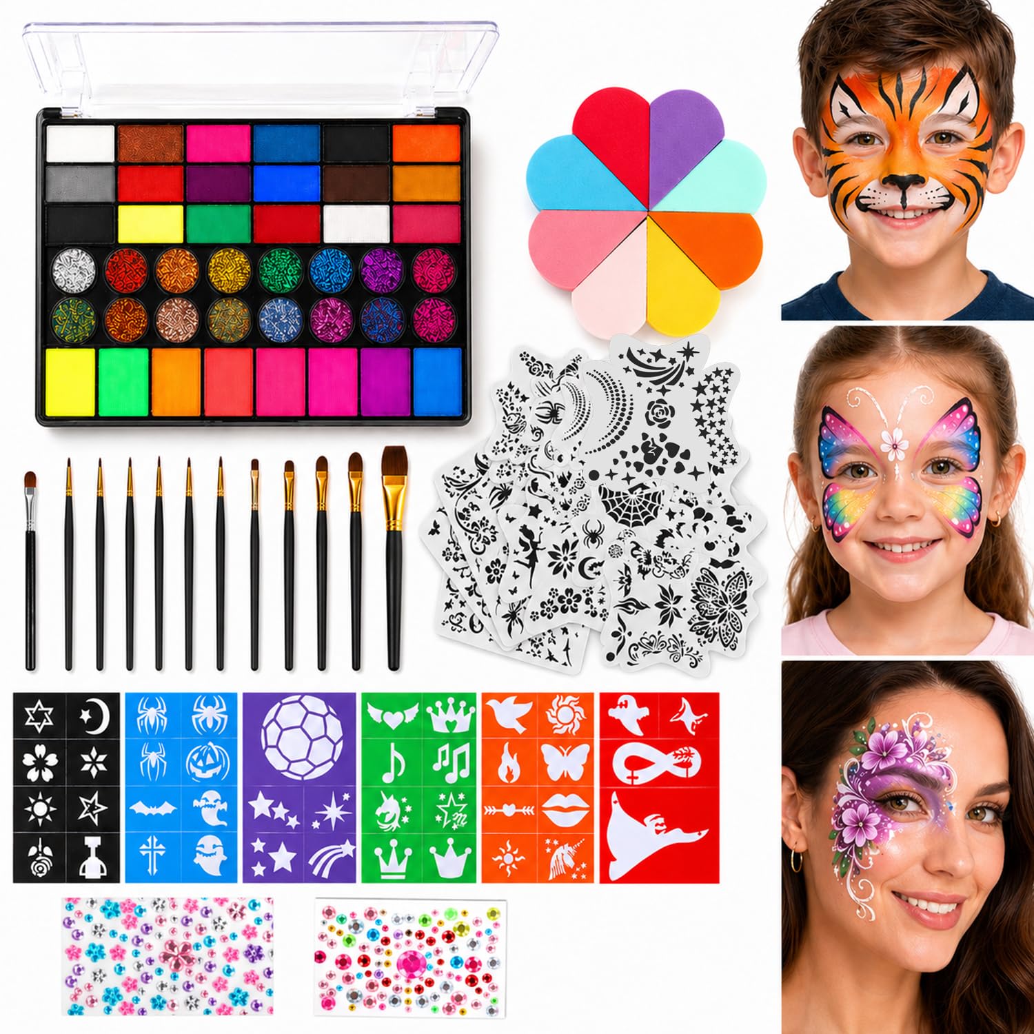 Face Painting Kit for Kids & Adults, Non-Toxic & Washable, 42 Colors Water-Based Face Paint, with Brushes, Sponges & Stencils for Parties, Halloween & School Events