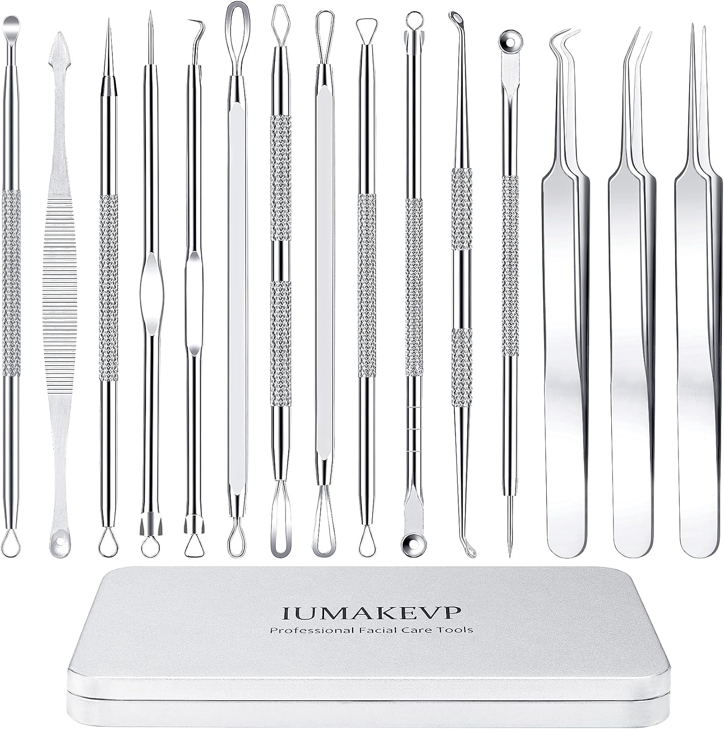 Pimple Popper Tool Kit, IUMAKEVP 15 PCS Professional Stainless Steel Blackhead Remover Comedone Extractor Tools for Removing Zit on Face – Acne Removal Kit with Metal Case (Silver)