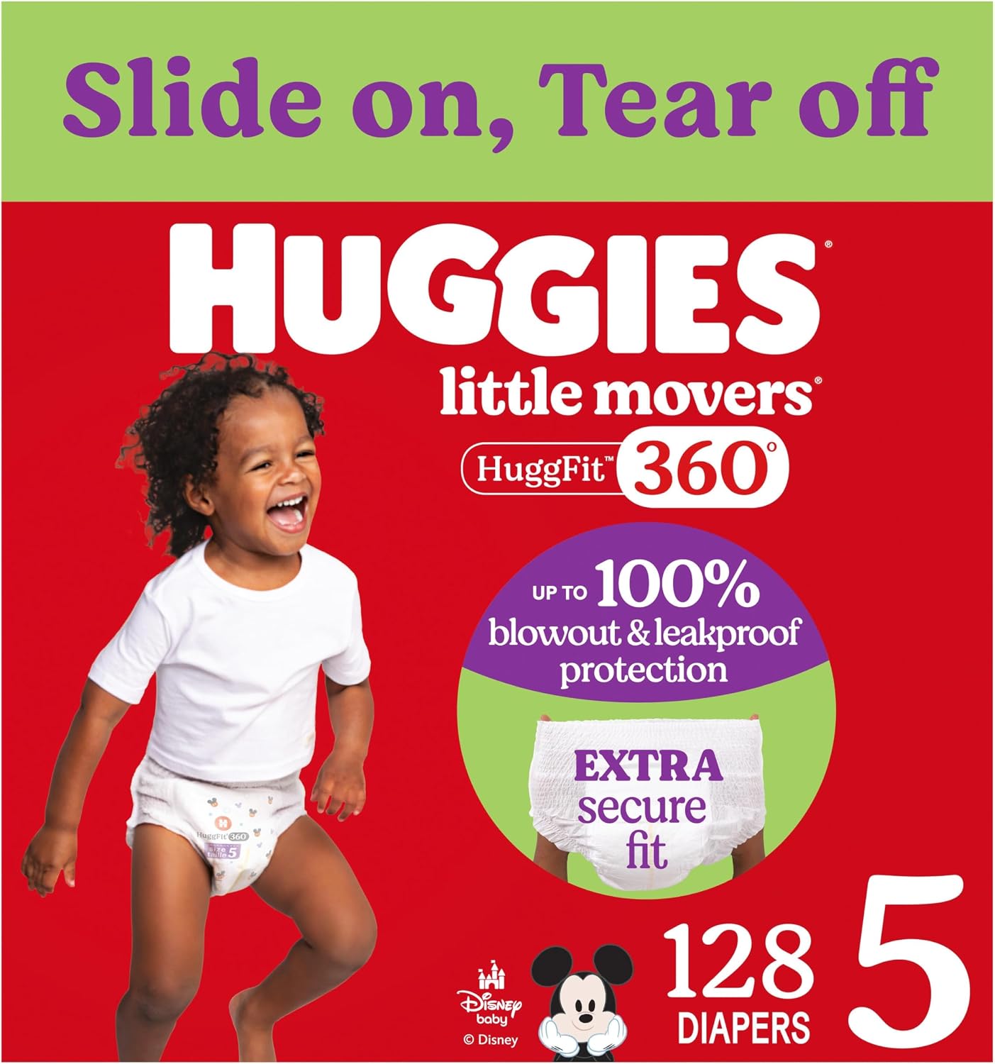 Huggies Size 5 Baby Diapers, Little Movers HuggFit 360° Baby Diapers with 360° Waistband, Size 5 (27+ lbs), 128 Count (2 Packs of 64), Packaging May Vary