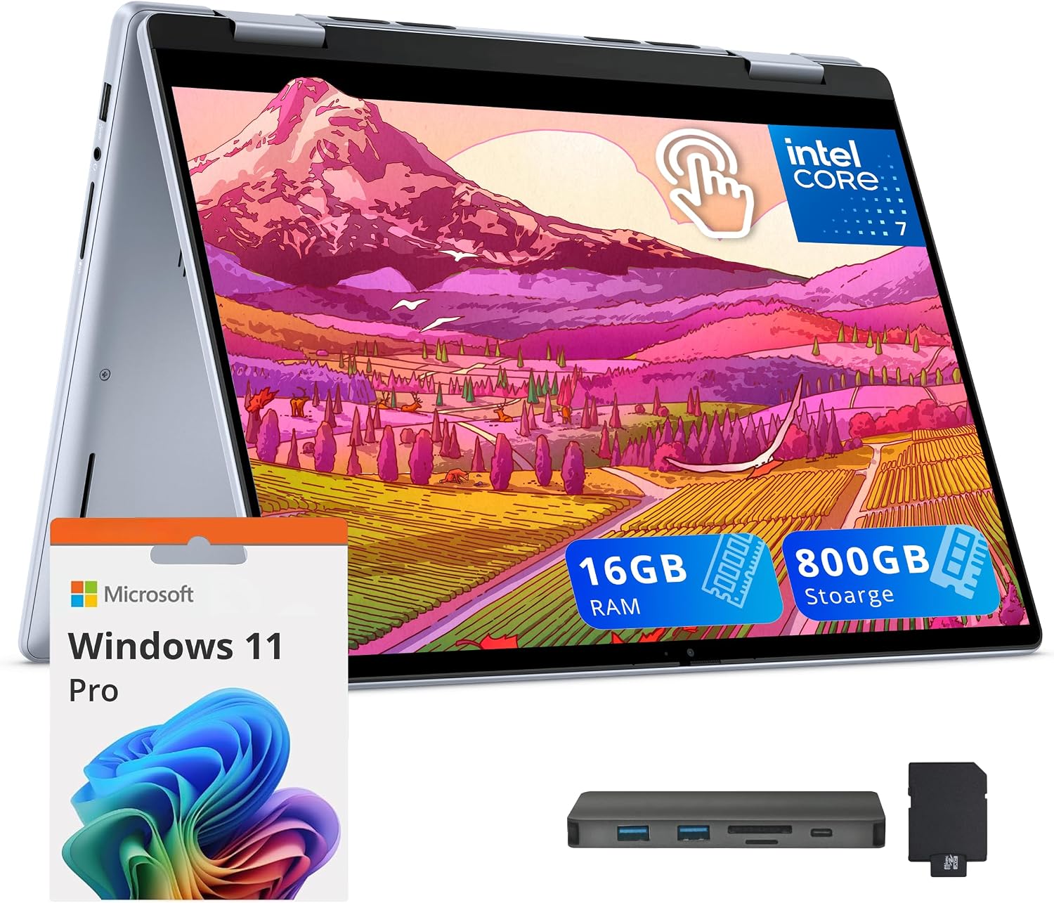 Dell Inspiron 14″ WUXGA Touchscreen 2-in-1 Laptop, Intel 7 150U, 16GB DDR5, 800GB Storage (512GB SSD+288GB Docking Station Set), Backlit Keyboard, Windows Copilot, Wi-Fi 6E, Windows 11 Pro, Blue